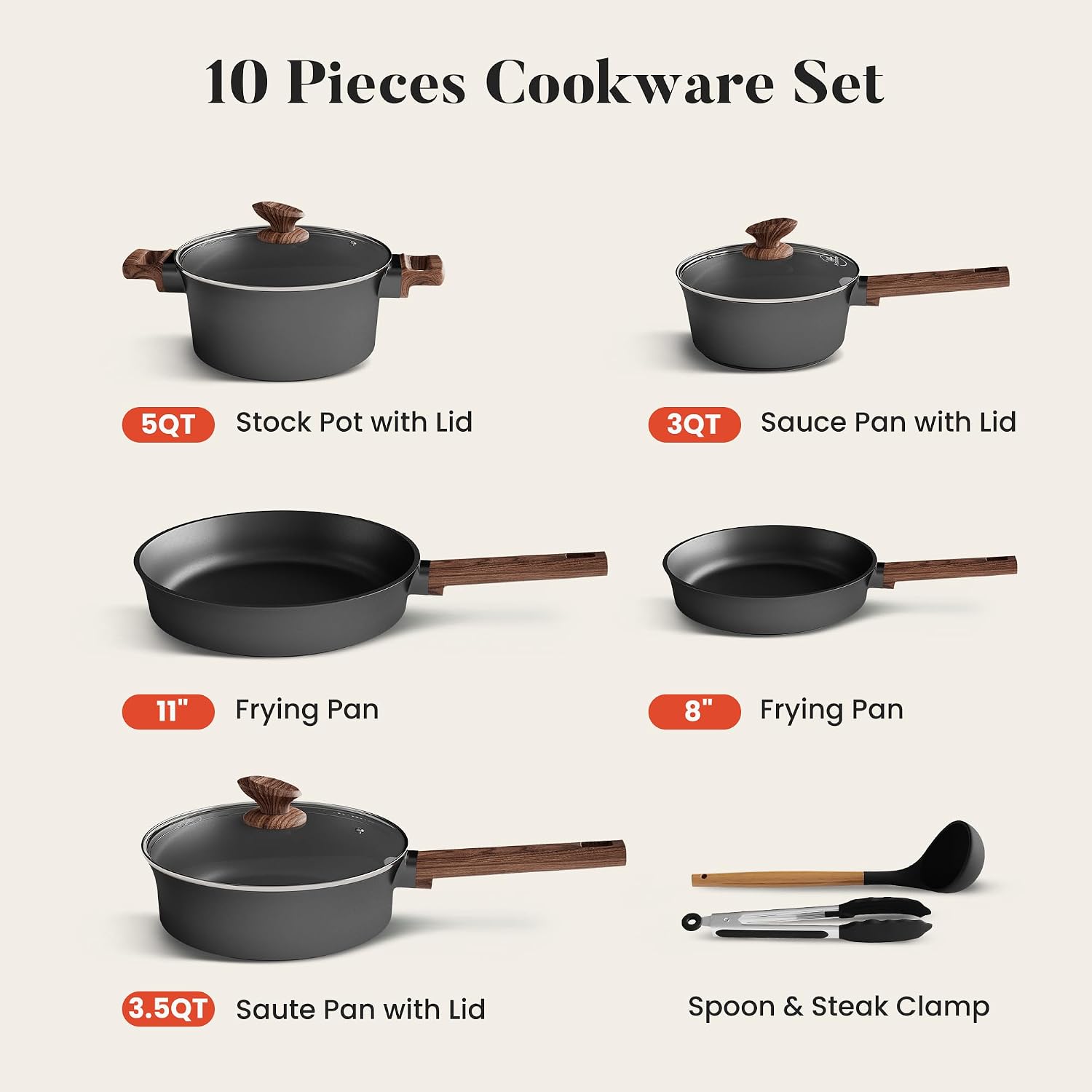 Kitchen Academy Ceramic Cookware Set, Pots and Pans Set Non Toxic