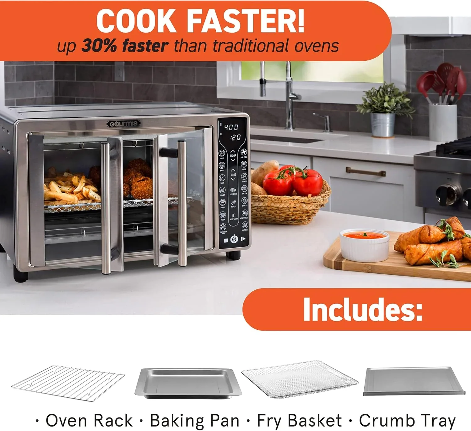 Four Gourmia avec friteuse à air chaud, 17 programmes de cuisson prédéfinis, capacité de 24 L et grille à convection.