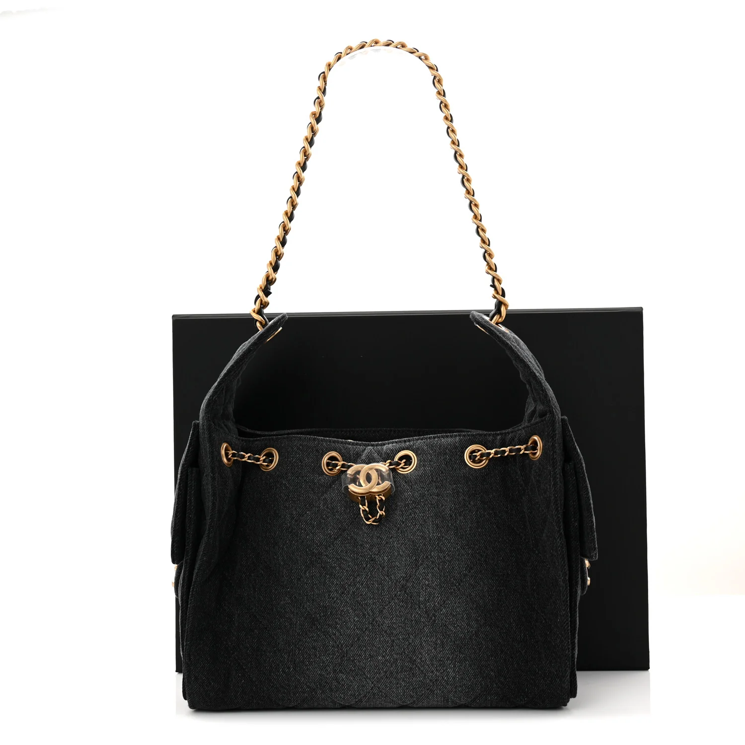 Washed Denim Quilted Small Chanel 25 Handbag Black