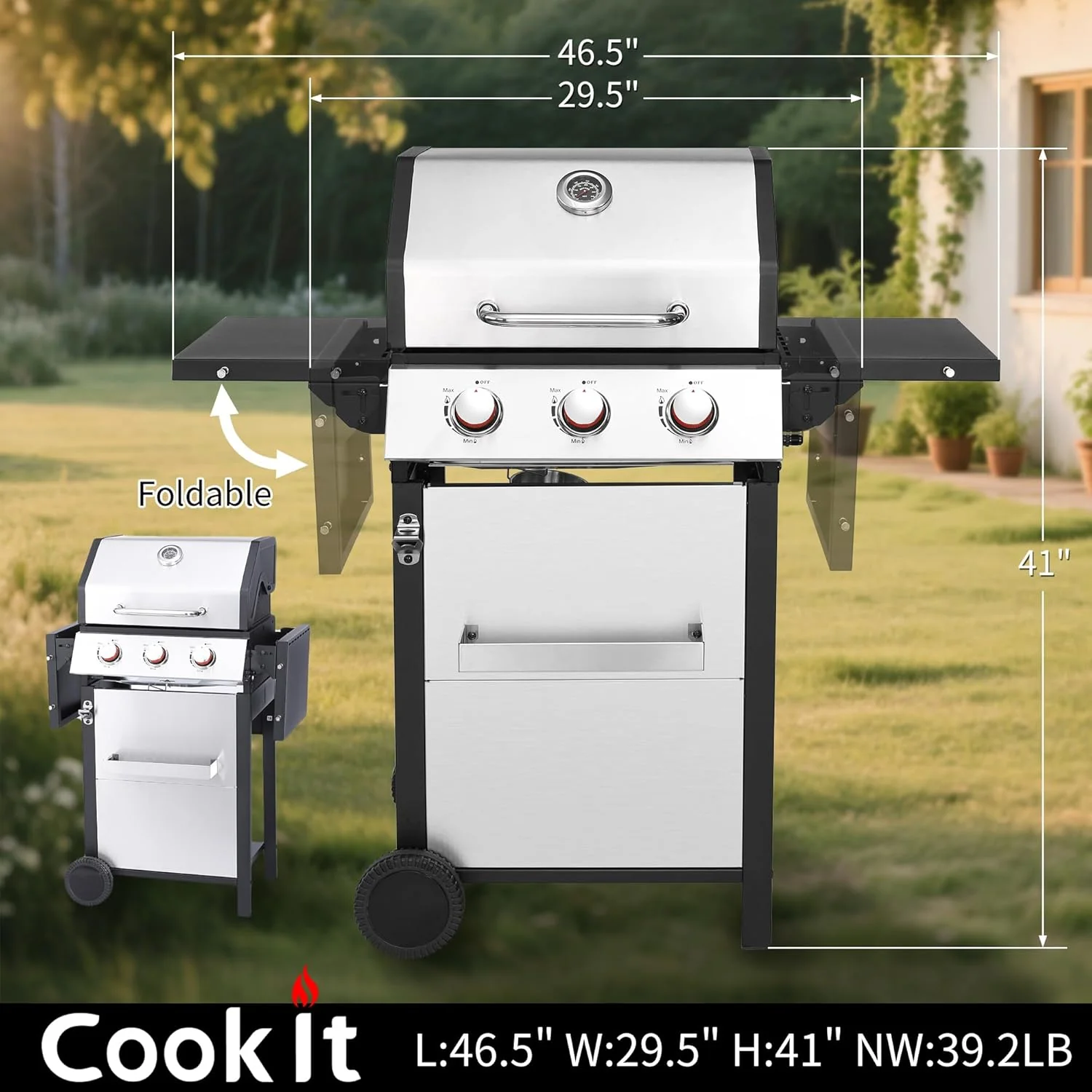 Barbecue à gaz propane à 3 brûleurs d'une puissance de 30 000 BTU - Couvercle de barbecue double couche en acier inoxydable, grilles de cuisson en fonte, système de gestion des graisses facile à nettoyer et répartition uniforme de la chaleur pour des
