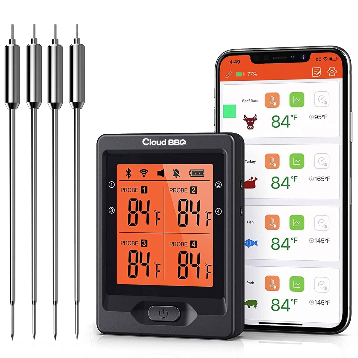 Cloud BBQ 500ft Wireless Meat Thermometer, Smart Rechargeable BBQ Thermometer with Four Probes, Bluetooth Meat Thermometer for Somker, Oven,Grilling