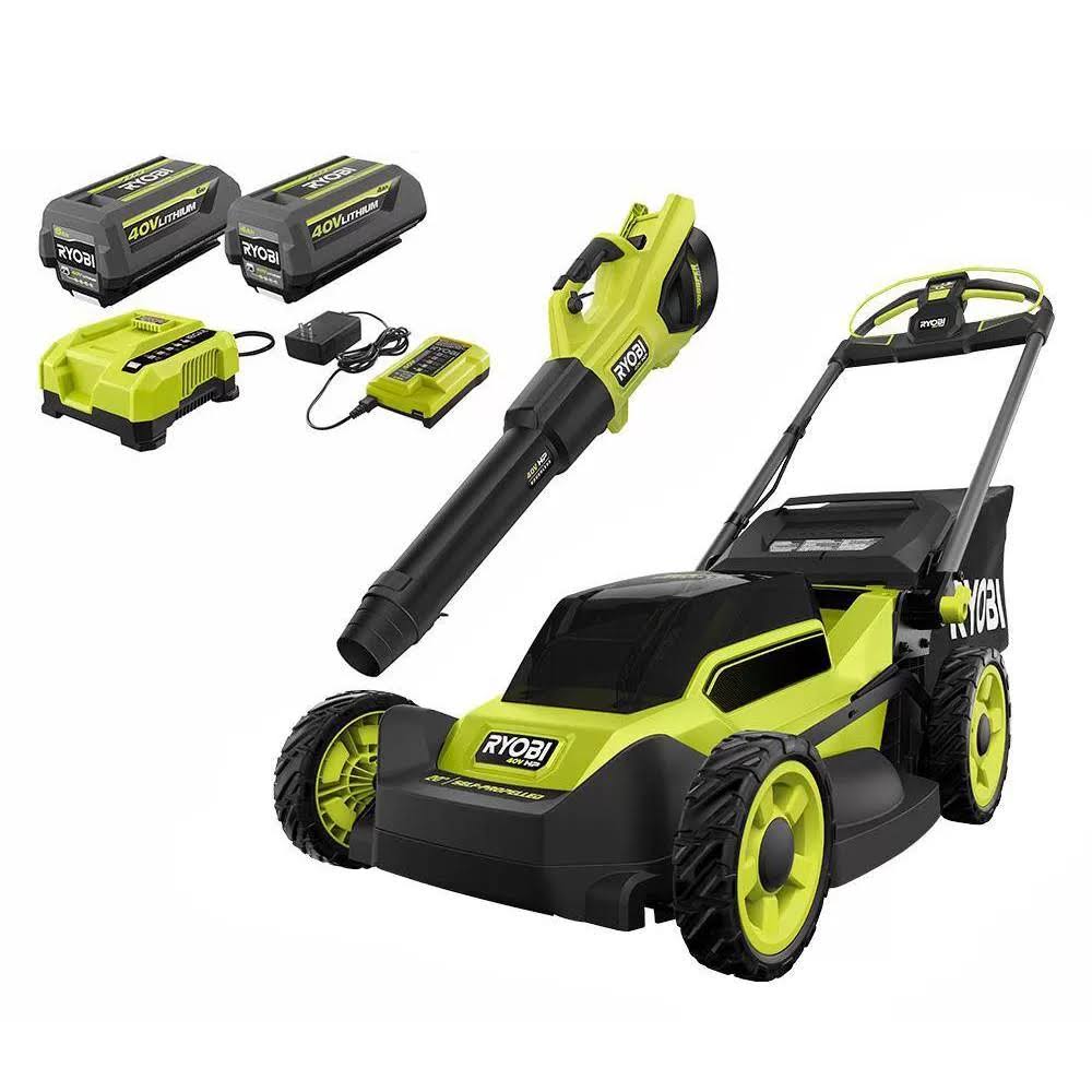 Ryobi RY401180-2X 40V HP Brushless 20 in. Cordless Electric Battery Walk Behind Self-Propelled Mower w/Blower (2) Batteries/Chargers