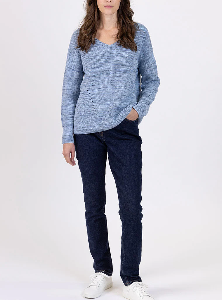 Pull femme décoleté dos bleu mer