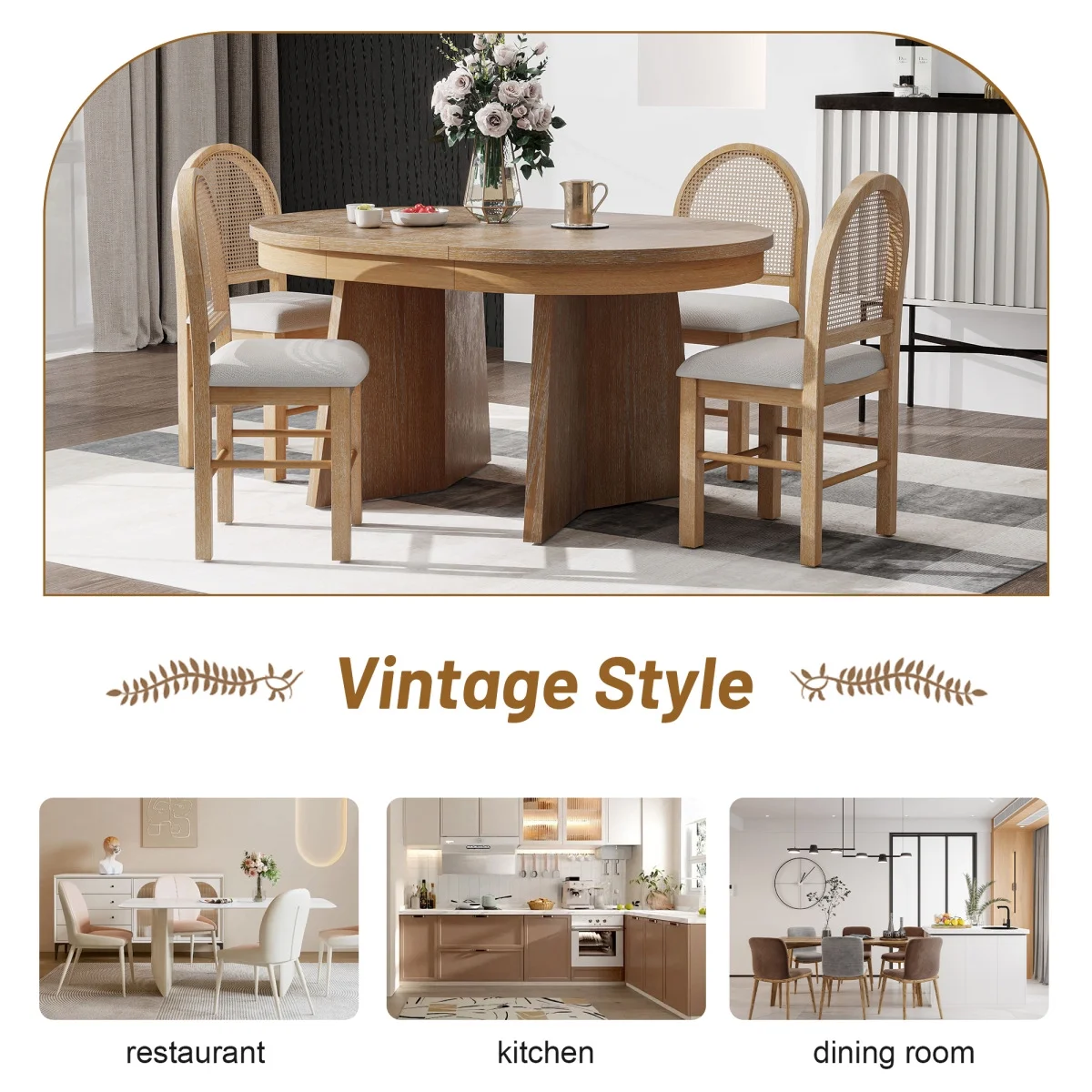 5-Piece Extendable Dining Table Set for 4 People, Solid Wood Kitchen Table Set with 4 Upholstered Chairs and Rattan Backrests for Dining Room and Kitchen, Natural(Natural) - Image 8