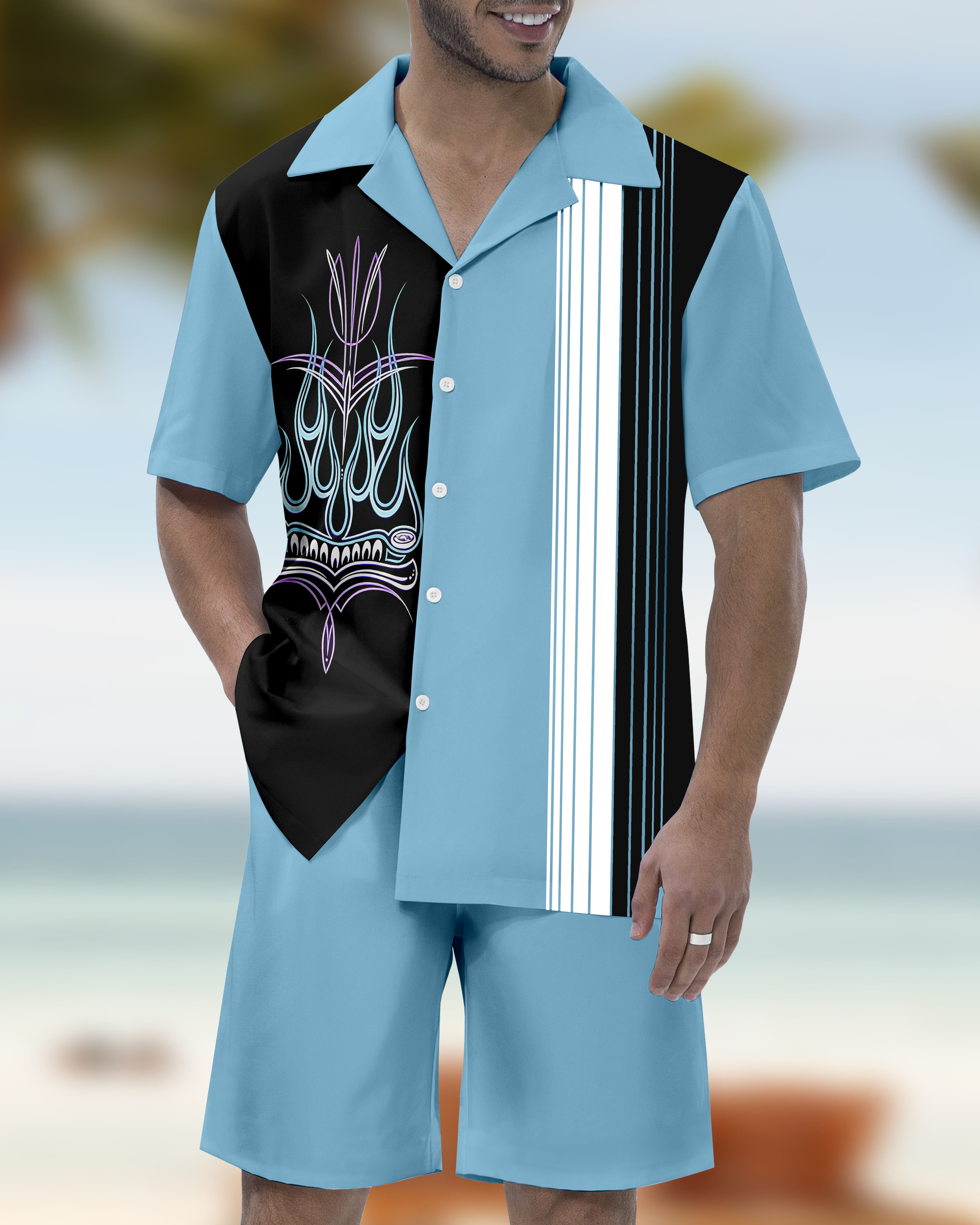 Ensemble chemise à manches courtes pour homme, style hawaïen, col cubain, motif « voiture modifiée ».