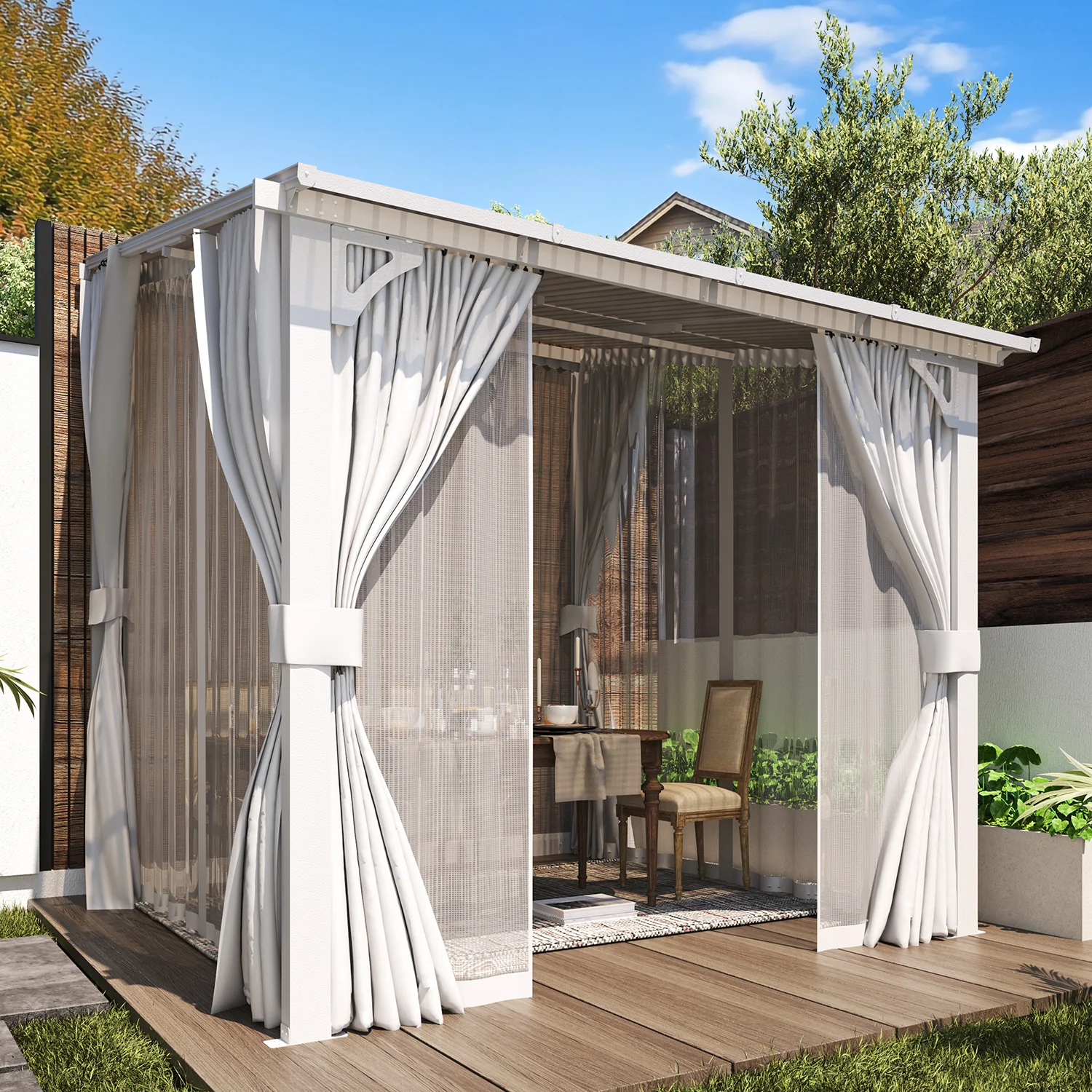 AECOJOY 8'x8' Wall Gazebo with Curtains and Mosquito Netting, White
