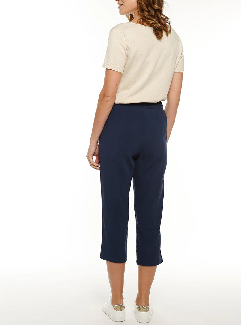 Pantacourt fluide femme en lin bleu marine