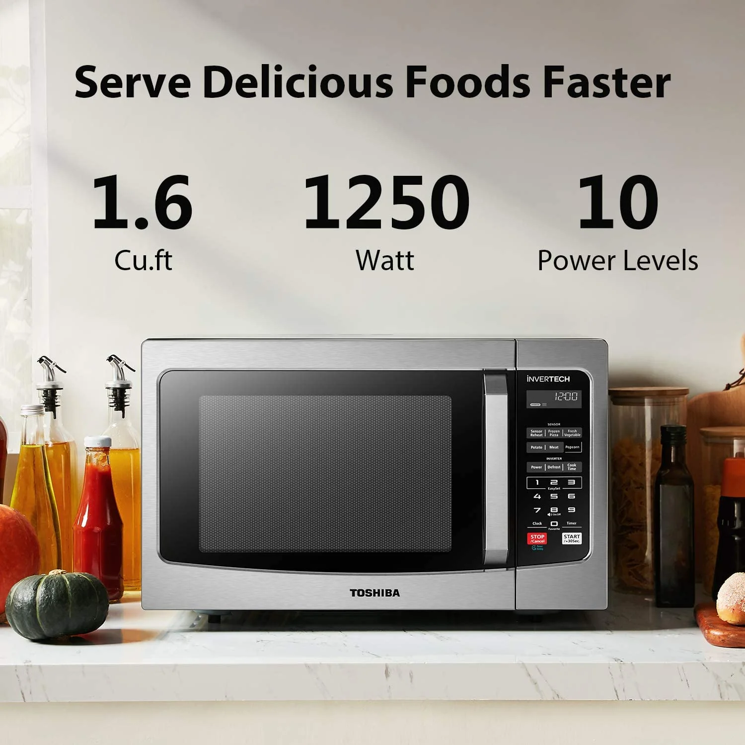 Toshiba 1.6 Cu. Ft. Microwave Oven with Inverter Technology, 1250 Watts, LCD Display and Smart Sensor, Stainless Steel, ML - EM45PIT(SS)