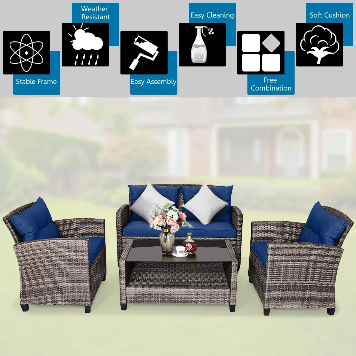 Gymax 4PCS Rattan Furniture Set Coffee Table Cushioned Sofa Garden Lawn Patio Navy