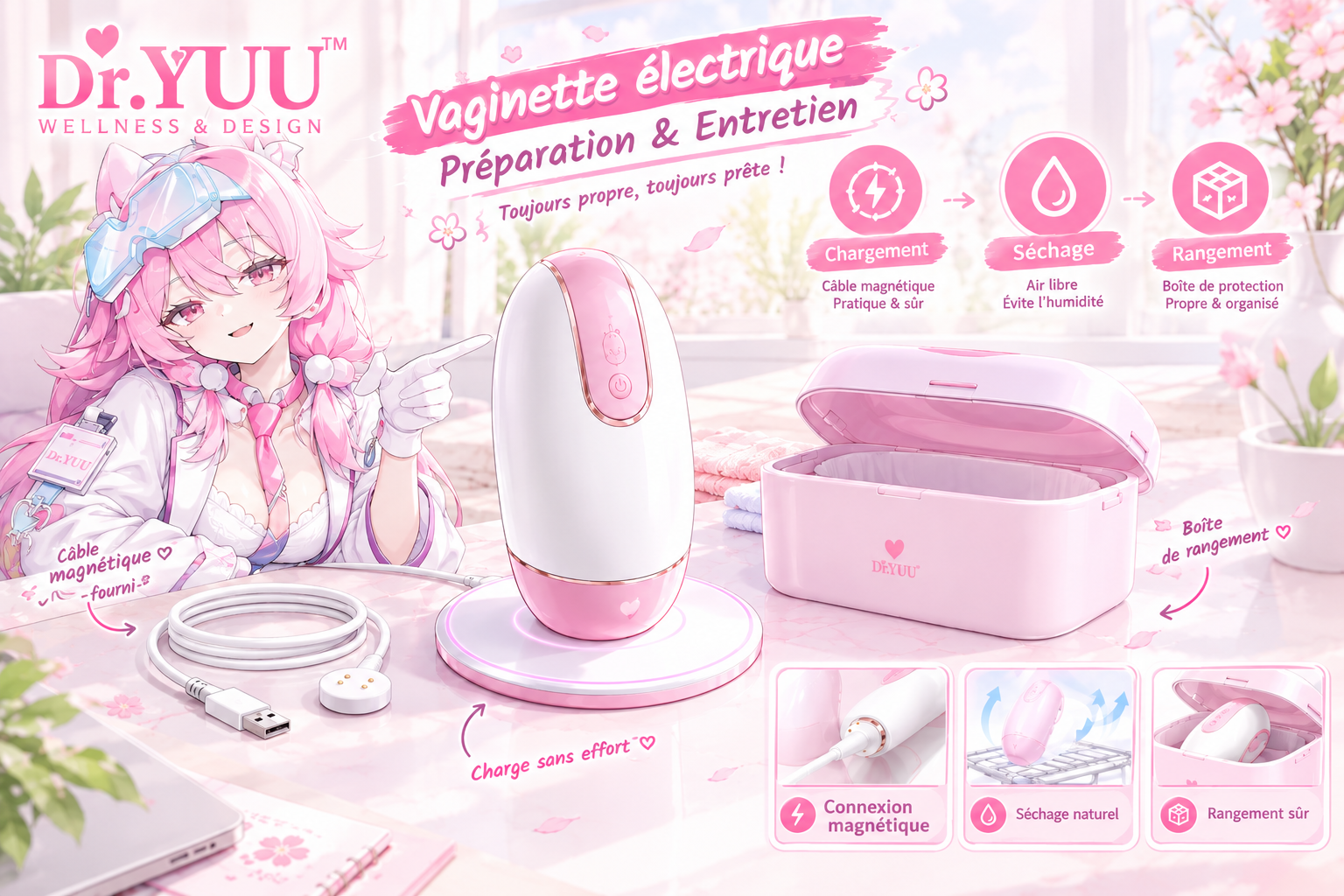 Vaginette électrique Dr.YUU en préparation, avec câble magnétique et espace de séchage