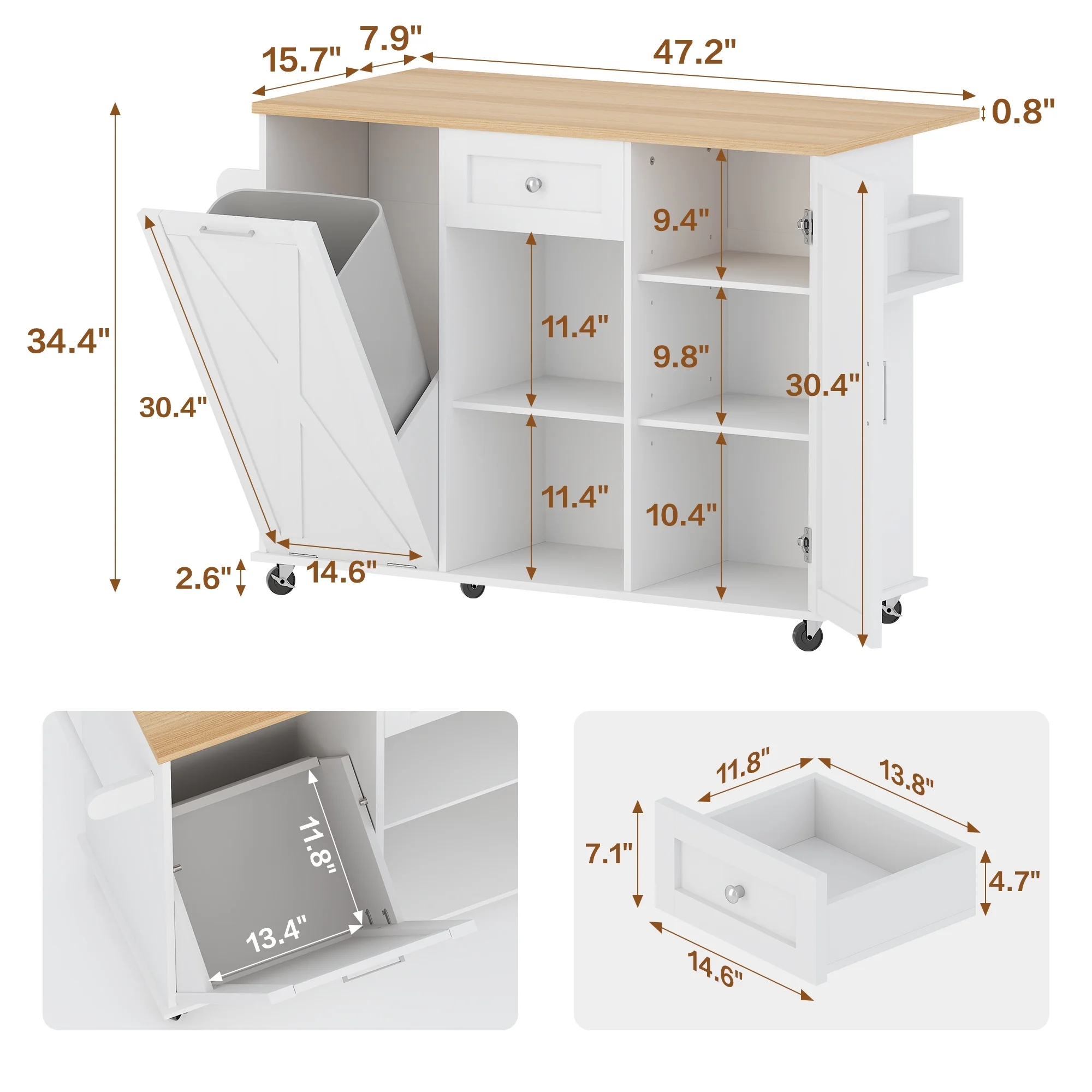 48" Kitchen Island Cart with Drop Leaf, 10 Gallon Storage and Tilt Out Trash Can Cabinet, Portable Kitchen Island with Wheels Drawer and Adjustable Shelves for Kitchen, White(White) - Image 4