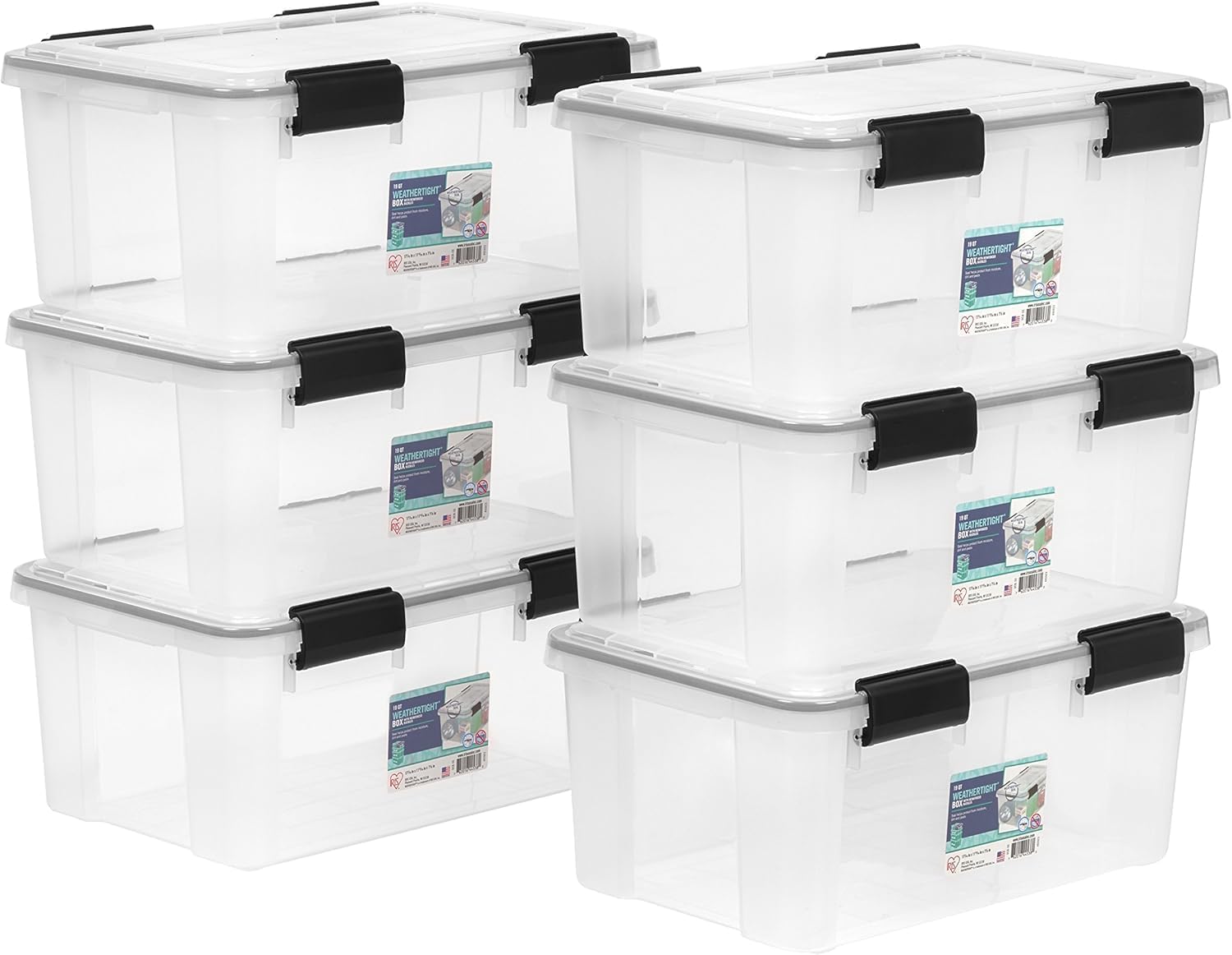 IRIS USA 6-Pack 19 Qt Storage Bins with Gasket Lids, Clear/Black