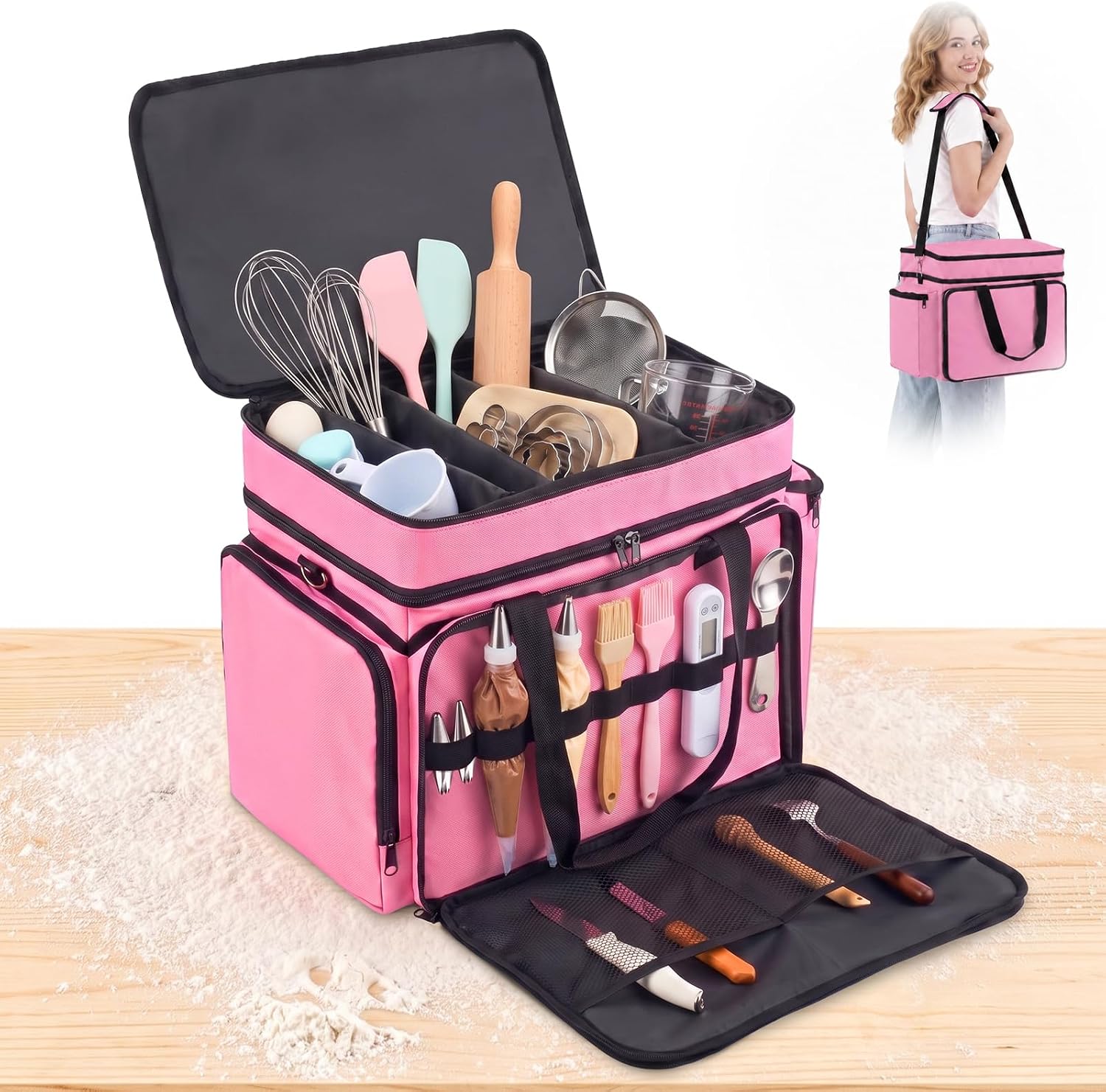 Abbylike Pink Baking Supplies Storage Bag, chef bags, Cake Decorating Tool Organizer with Adjustable Shoulder Strap, Waterproof Baking Tool Caddy Fits Piping Tips Spatulas Cooking Mat Muffin Liners