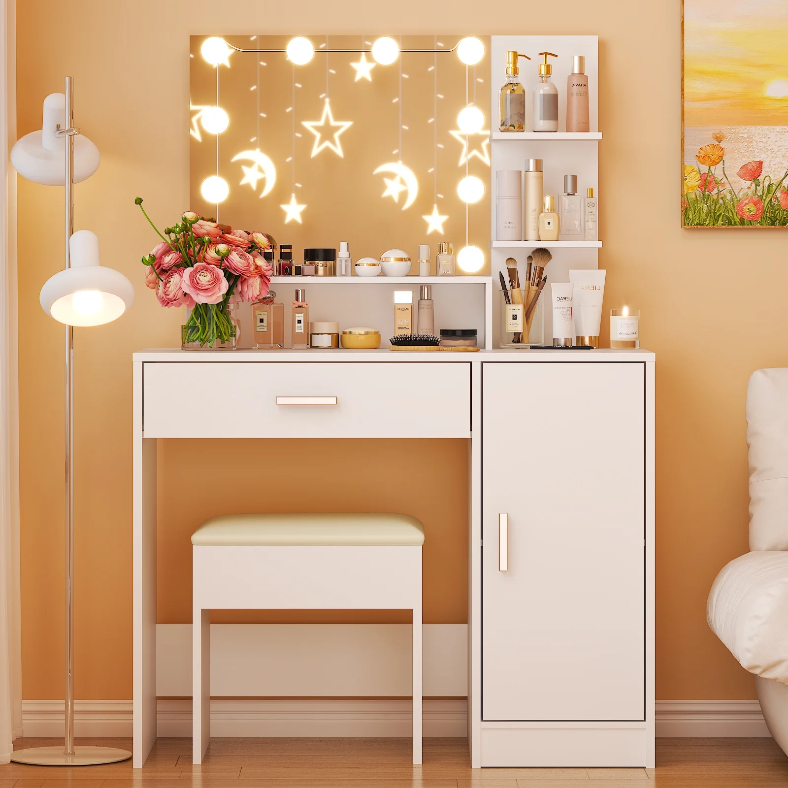 Vanity Set with 3 Color Lighted Mirror, Makeup Table with 3 Storage Shelves Drawers, Dressing Table Makeup Desk with Stool,White(White) - Image 4