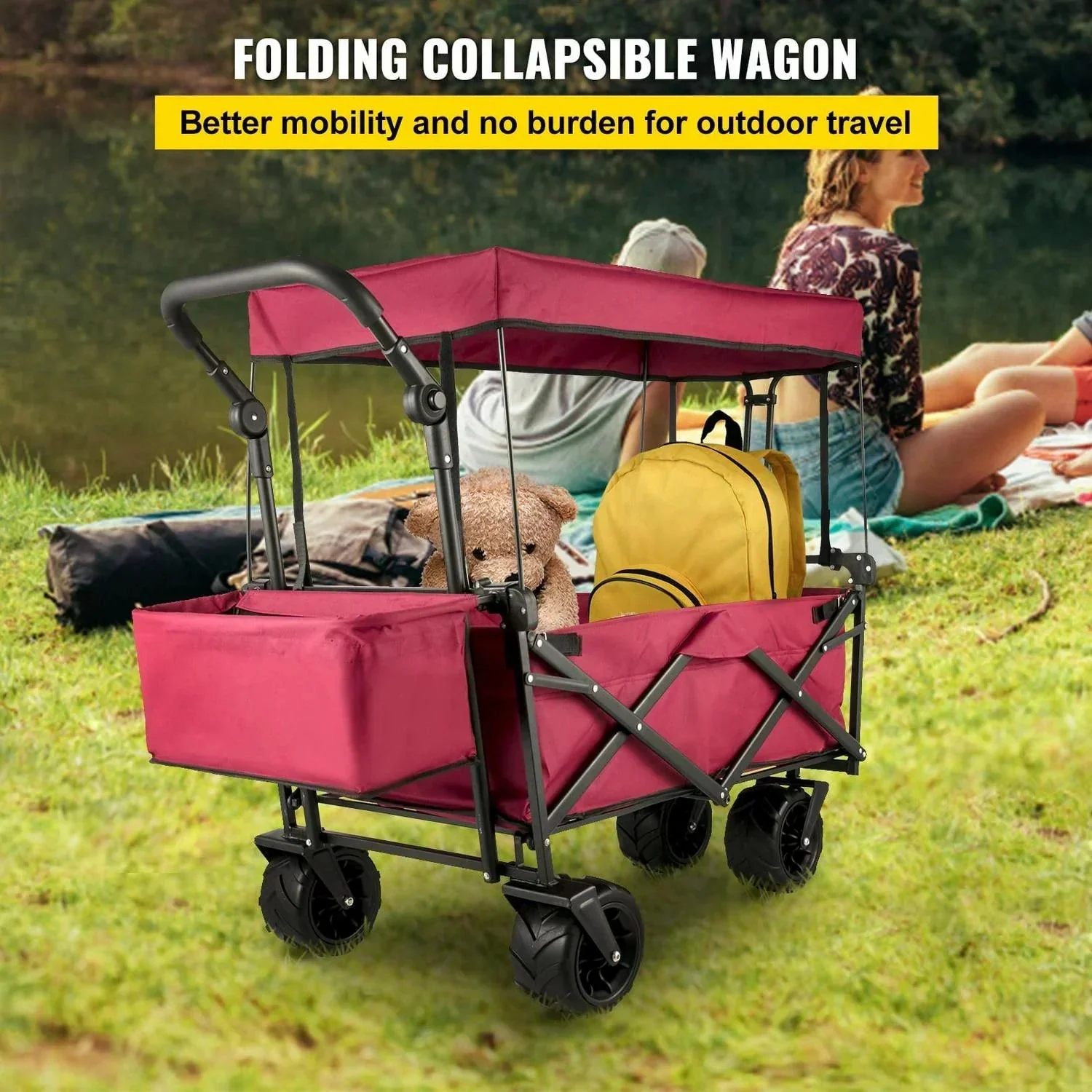 Red Collapsible Wagon Cart with Canopy, 360° Wheels, Adjustable Handles, 220 lbs Capacity for Beach & Garden