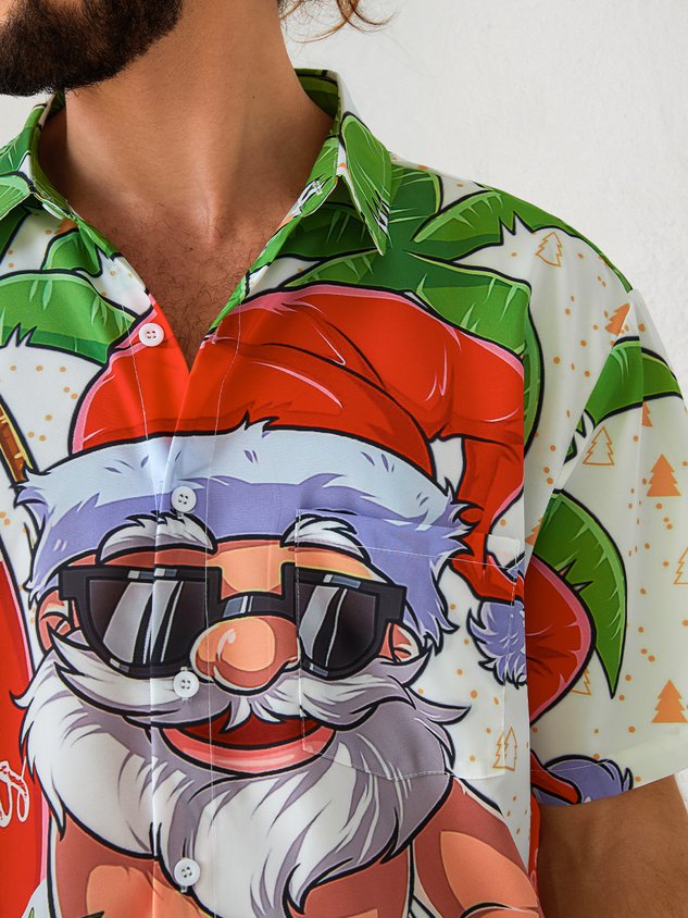 Chemise hawaïenne décontractée pour homme, imprimée Père Noël surfant, boutons sur le devant, douce et respirante, poche poitrine.