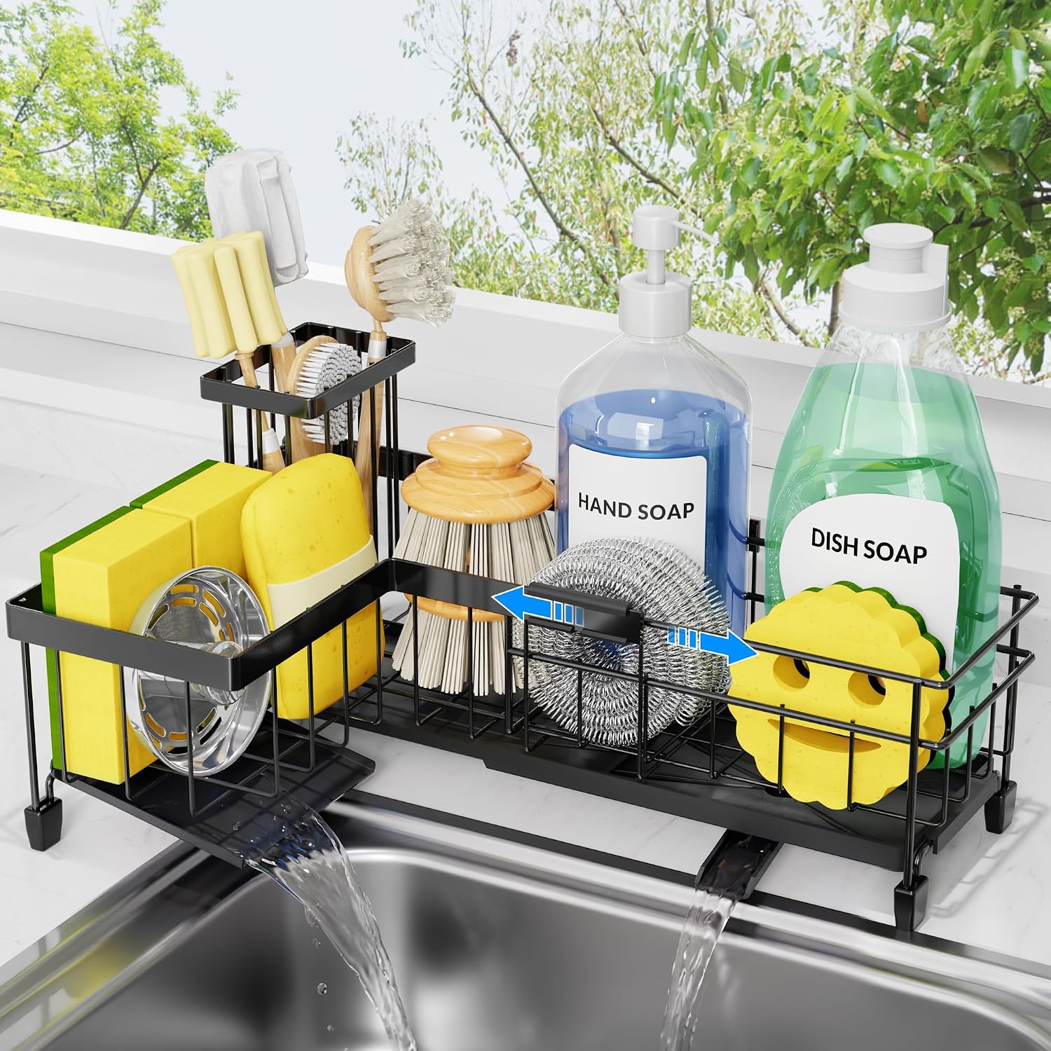 Extendable L-Shaped Sink Caddy Organizer for Kitchen Countertop-Black