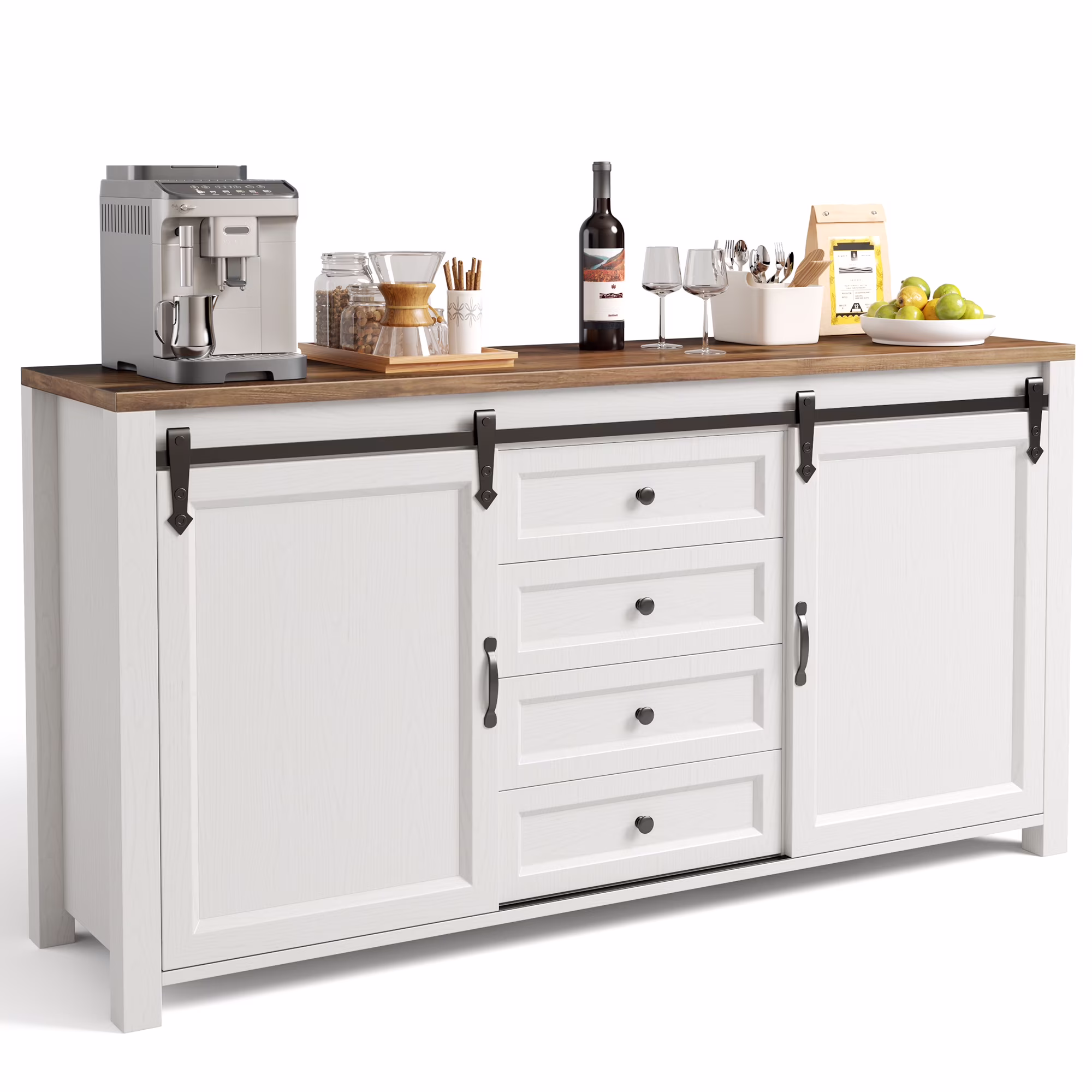 Coffee Bar Cabinet, 60" Buffet Cabinet with Storage, 2 Sliding Barn Doors 4 Drawers for Kitchen, White + Rustic Brown(Single)