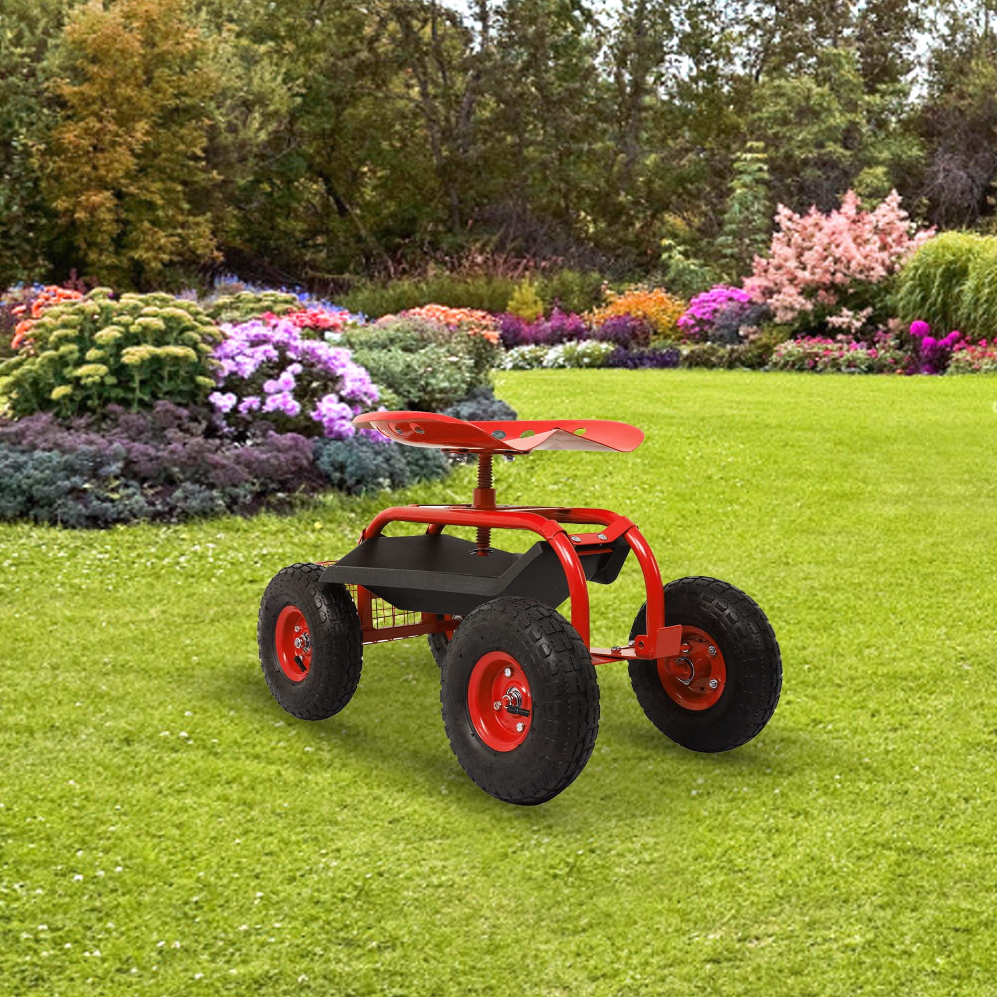 Aukfa Rolling Garden Cart Scooter with Swivel Seat, Wheels, and Tool Tray - Red