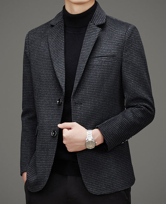 Blazer en laine à carreaux vichy jacquard uni, col à revers et deux boutons