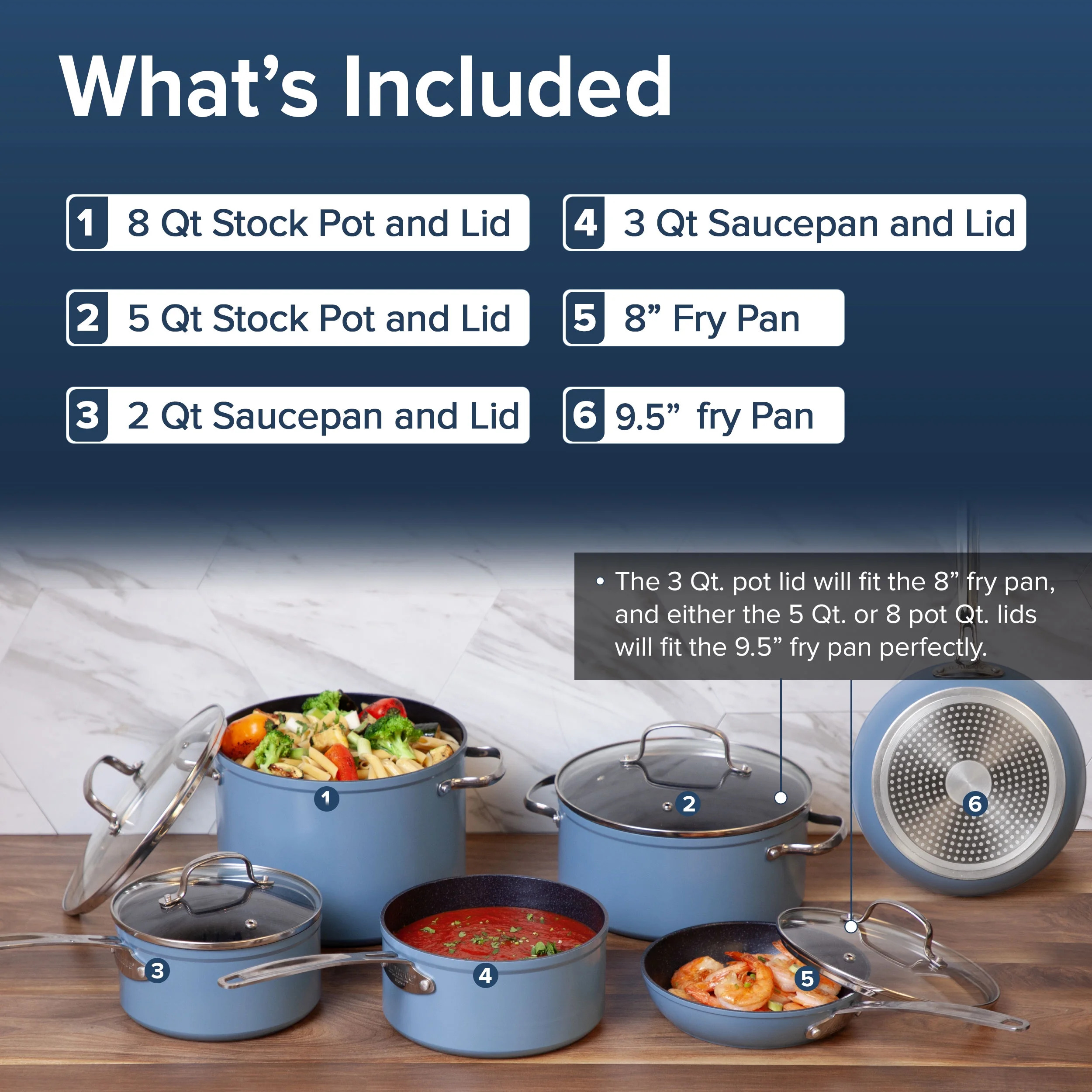 Nuwave 10 Piece Induction Compatible Duralon Blue Ceramic Non - Stick Cookware Set, Cozy Blue