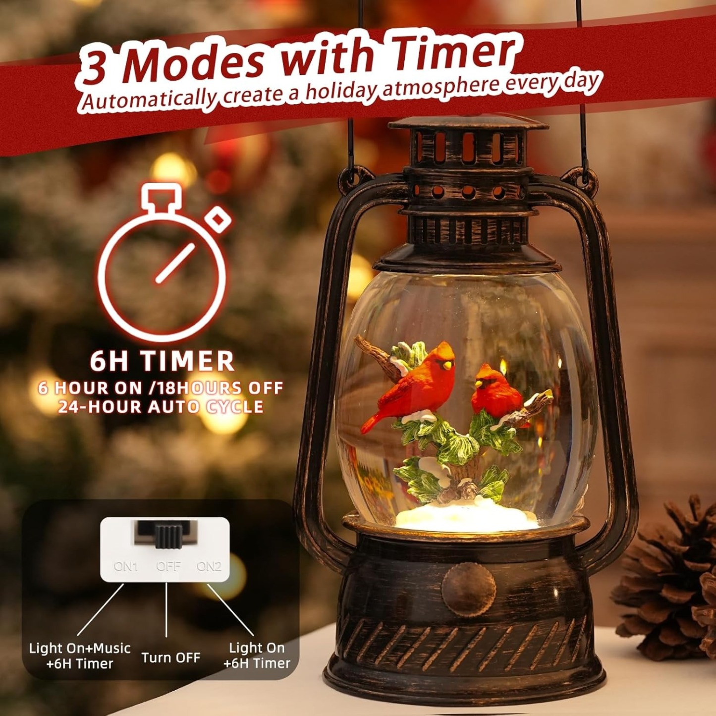Lighted Musical Christmas Cardinal Snow Globes Lantern