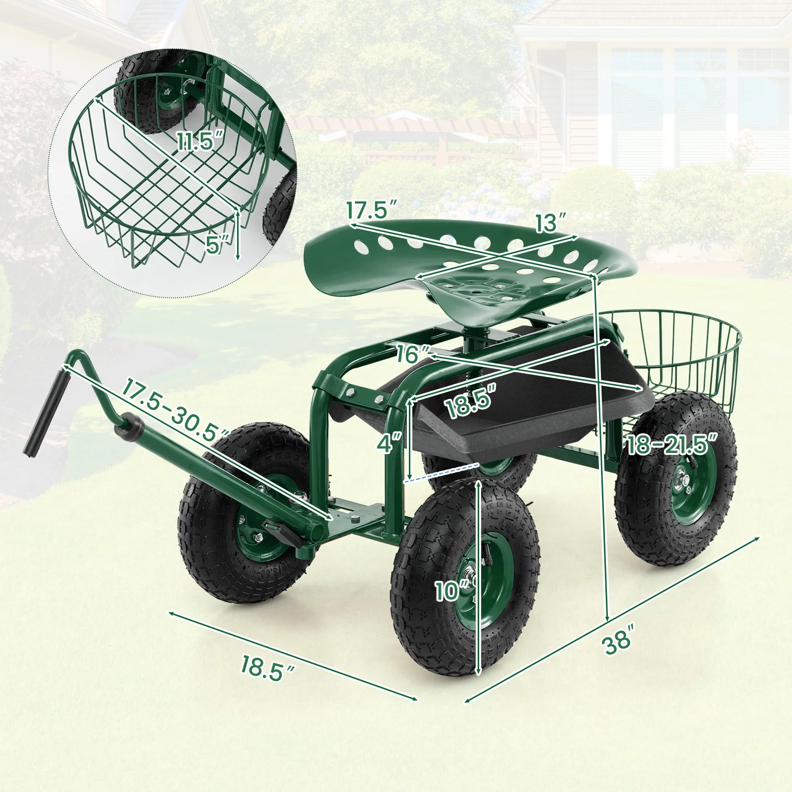 Garden Cart Rolling Work Seat for Planting with Extendable Handle Green(Green) - Image 4