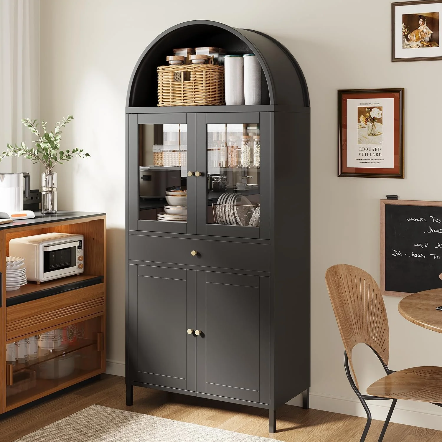 AECOJOY 73'' Kitchen Pantry, Metal Arched Storage Cabinet with Glass Doors/Adjustable Shelfs/Drawer