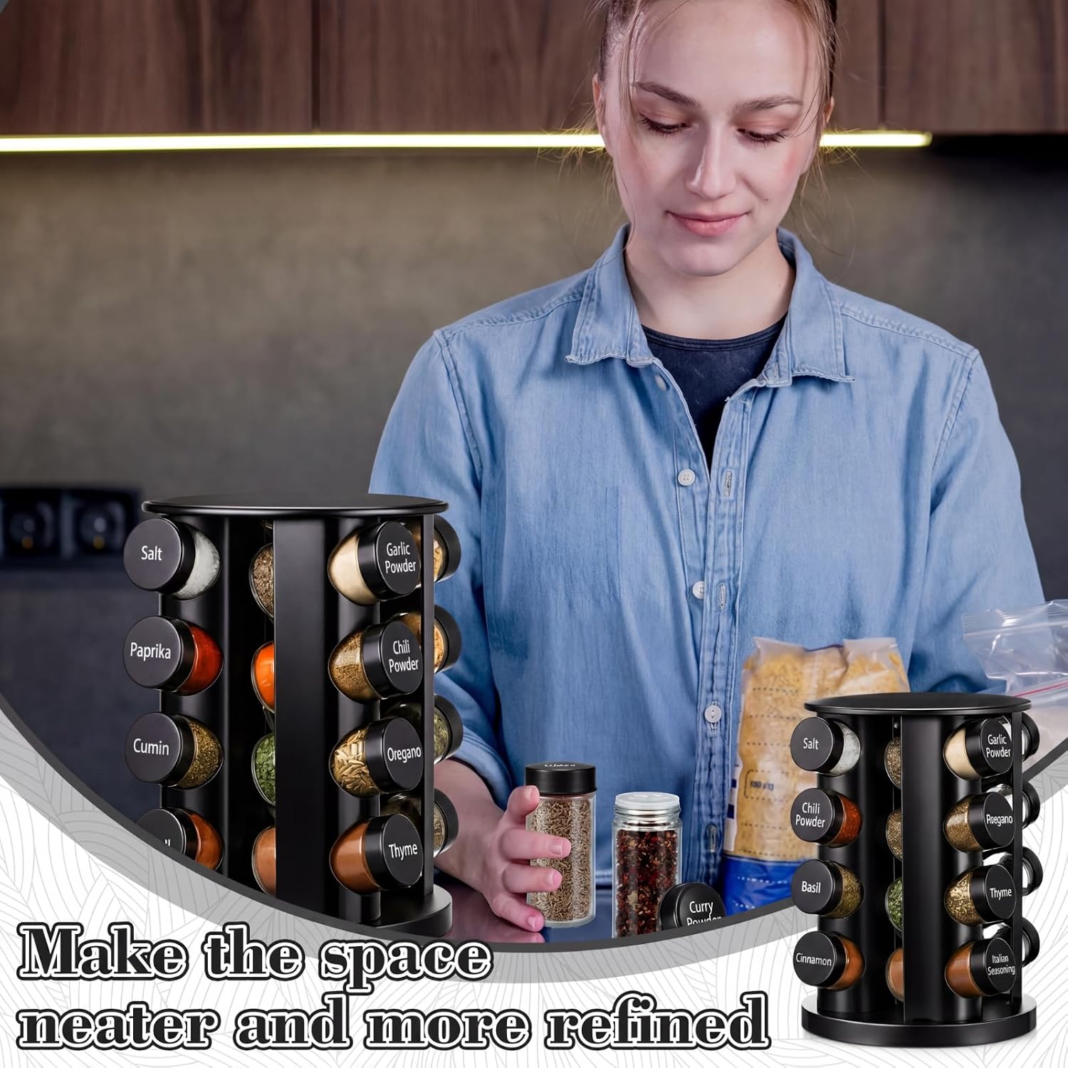 Yungyan Black Rotating Spice Rack with 16 Empty Jars and Labels