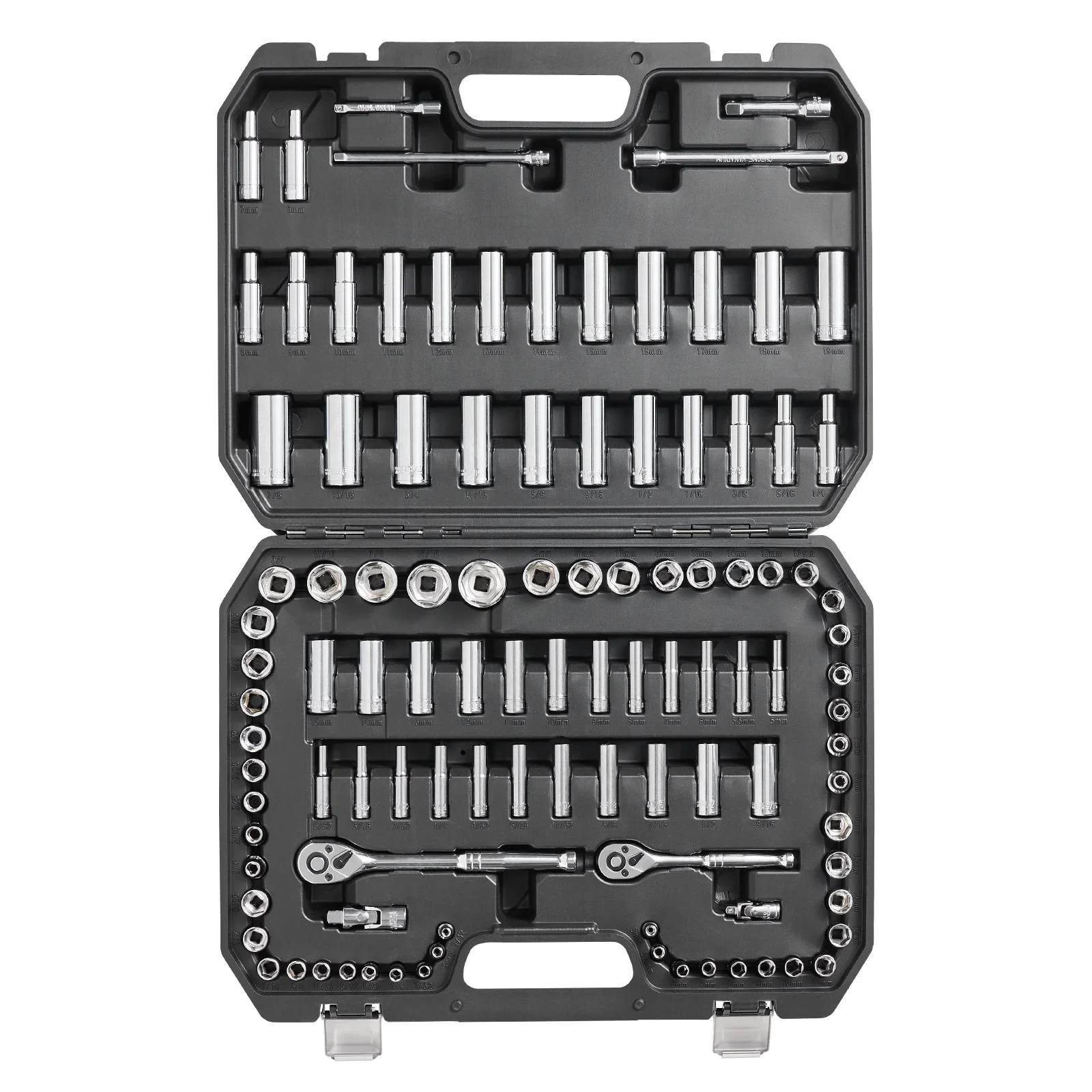 SKYSHALO Socket Set, 1/4 and 3/8 Drive Socket and Ratchet Set, 6-Point Socket Opening, 106 Pcs Tool Set SAE and Metric, Deep and Standard Sockets, 5/32-1 in, 5-19 mm for Auto Repairing & Household