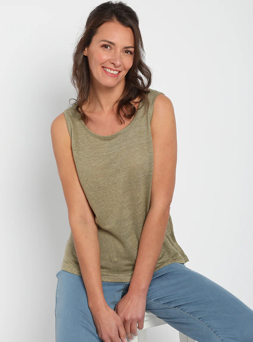 Débardeur femme en lin Vert Kaki