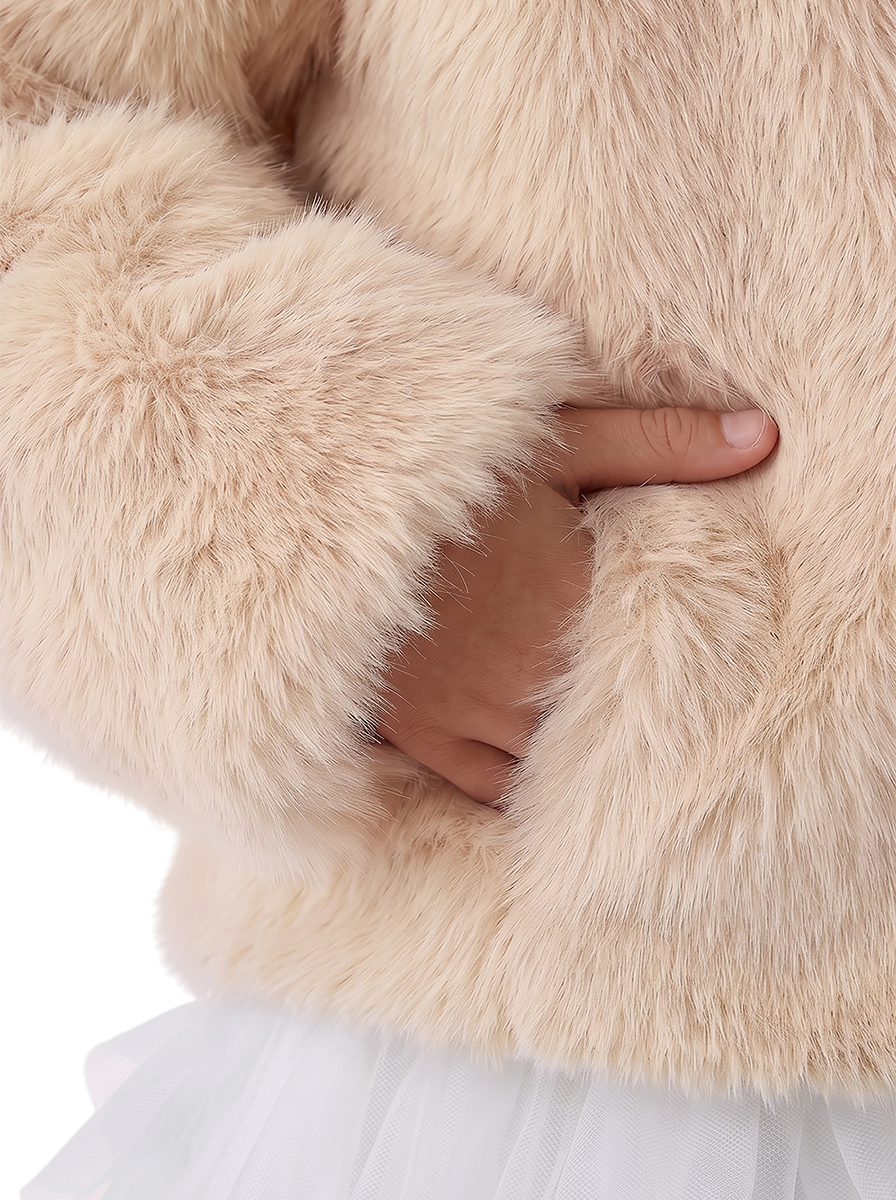 Stanetco Girls' Beige Faux Fur Coat - Kids Warm Fluffy Winter Jacket, Elegant Shaggy Outerwear with Classic Lapel