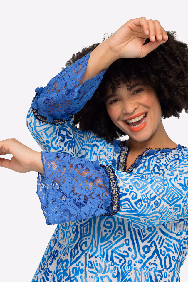3/4-Sleeve A-Line All-Over Print Tunic Neckline Maxi Dress