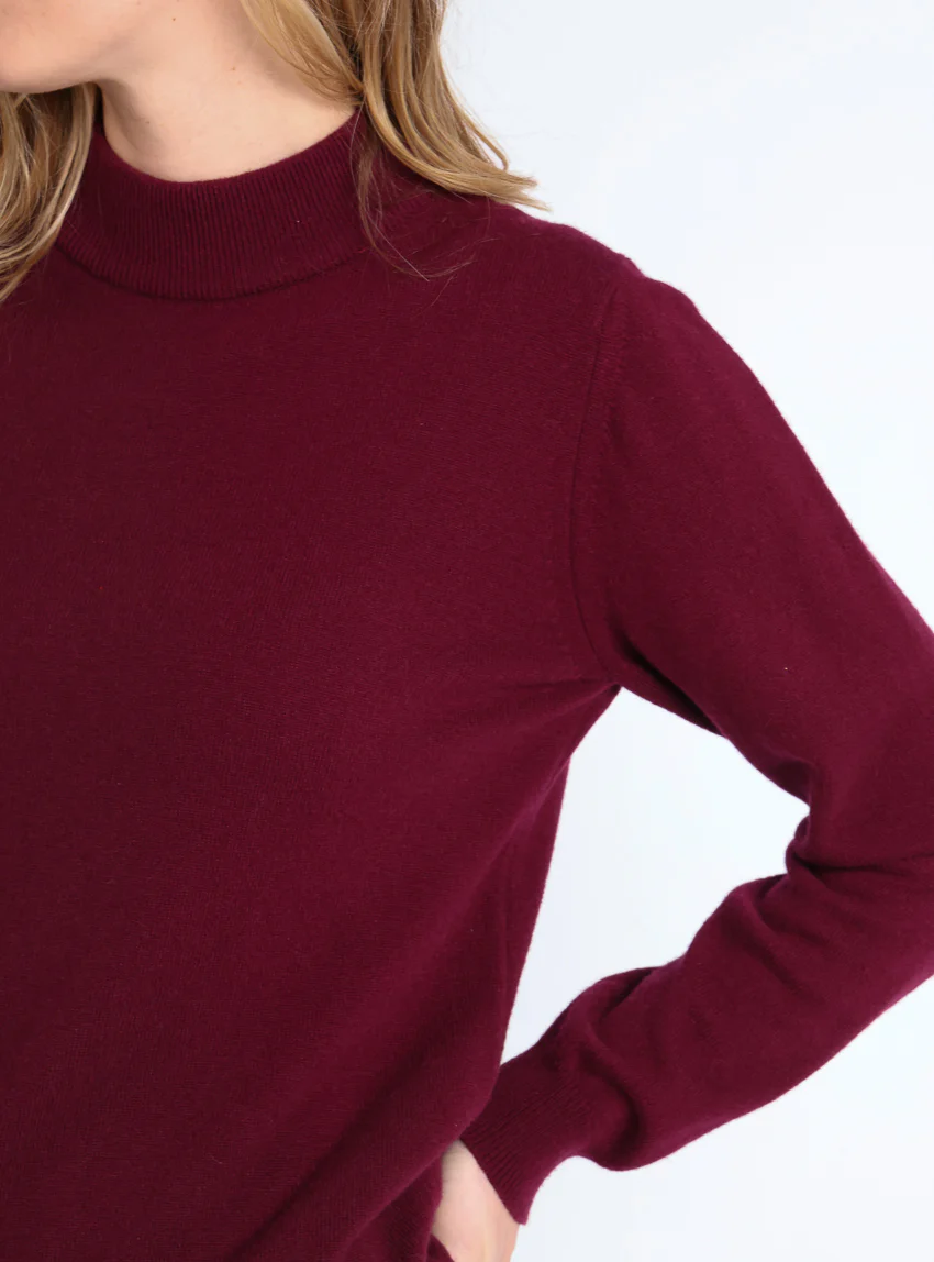 Pull col cheminée femme 100% cachemire Rouge grenat