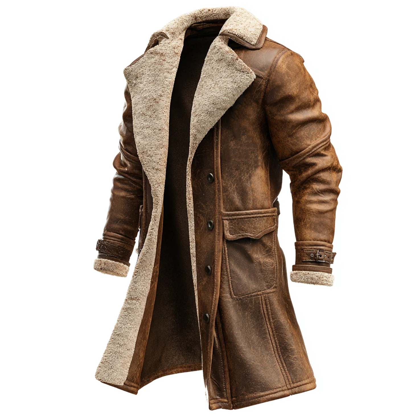 Manteau en Cuir Marron Vintage avec Doublure en Fourrure Synthétique