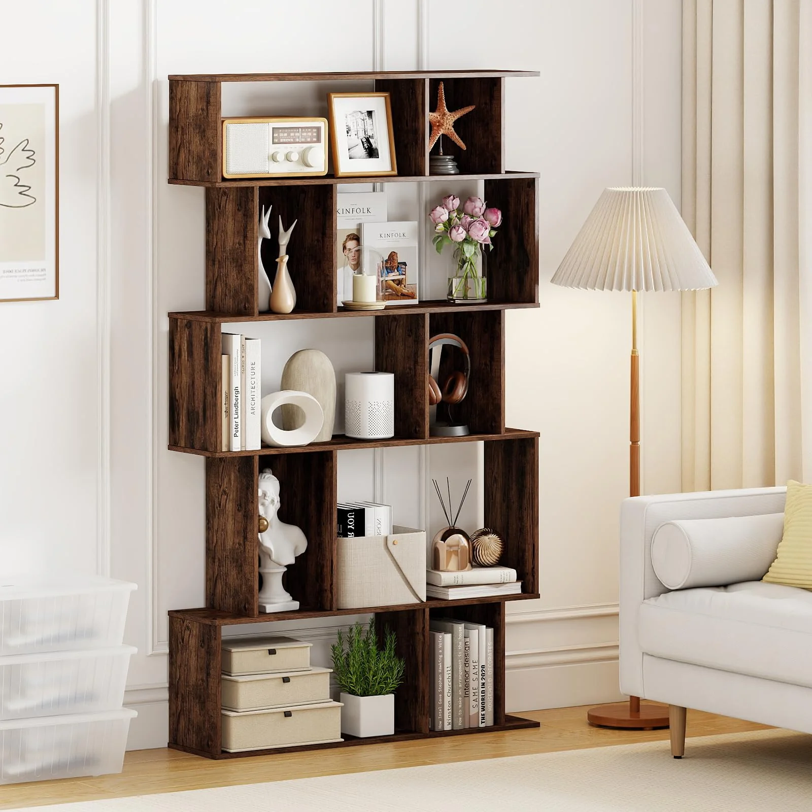 Tangkula Geometric Bookshelf 5-Tier Bookcase with Open Shelves and Closed-back Cubes
