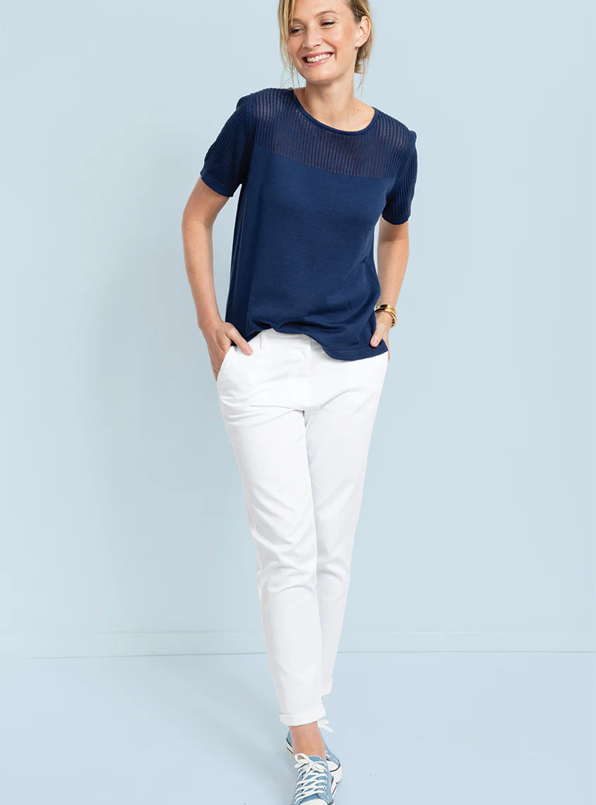 Pull femme ajouré coton bleu marine