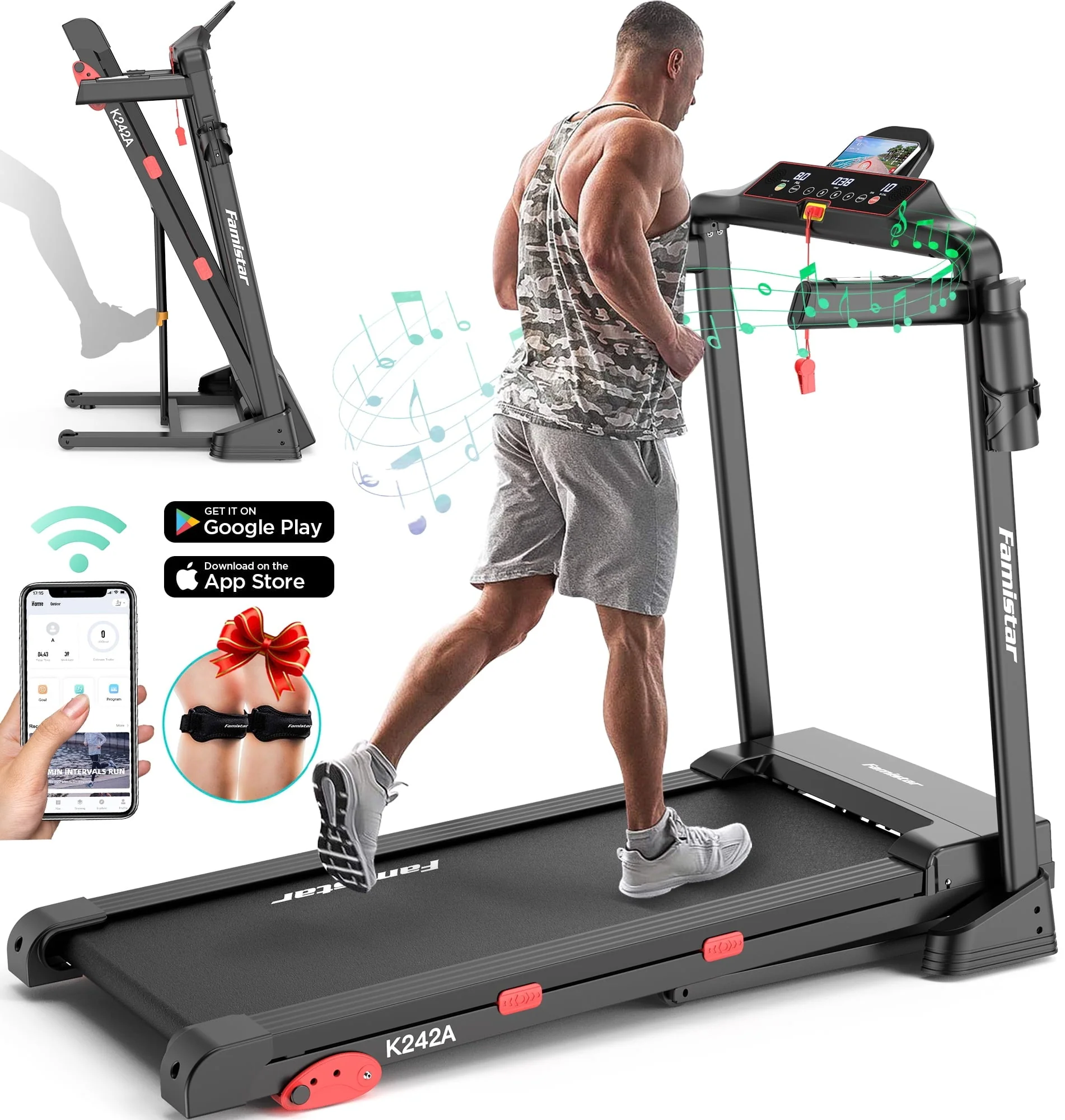 Folding Treadmill Clearance for Home with Adjustable Incline, Smart APP, 8MPH Speed, 250 lb, Hifi Bluetooth Speakers, 15 Programs 3 Modes, 3.0HP Foldable Compact Treadmill Walking Running Machine