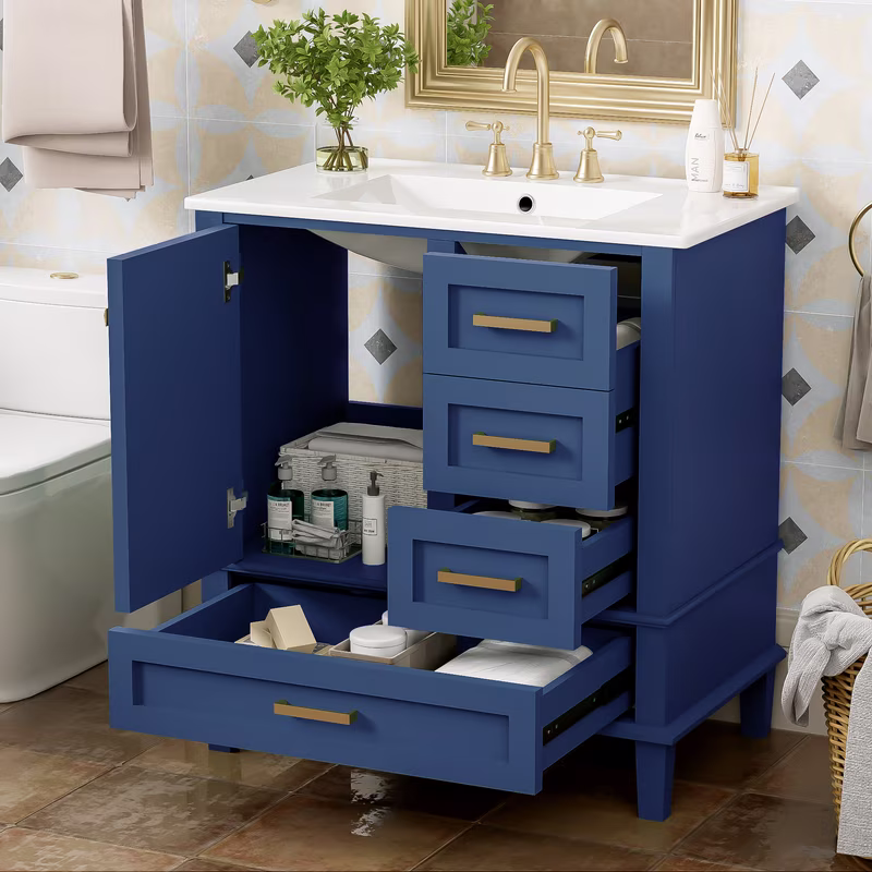 30" Bathroom Vanity with Sink, Modern bathroom sink cabinet with Soft-Close storage Drawers, Freestanding Vanity with Ceramic Top (Green)(Green) - Image 3