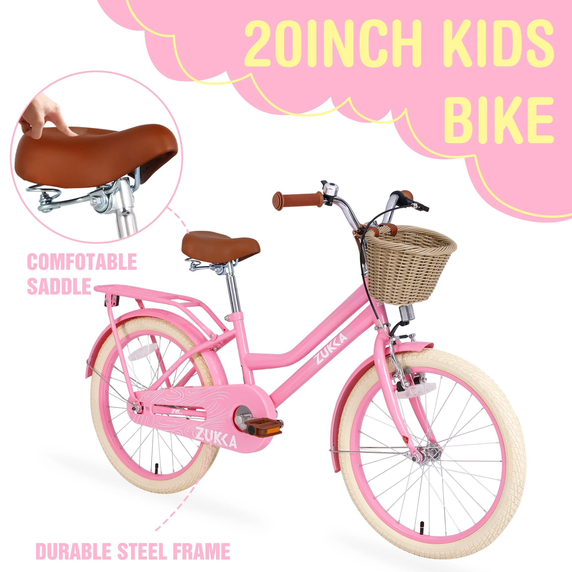 20" Kids Bike Girls Bike with Basket Single Speed Steel Frame Children Bicycle for 7 10 Years, Pink(Pink) Image 5