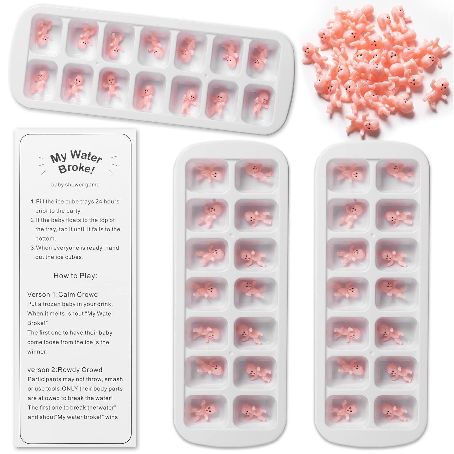 ZJJZGYXINTAI My Water Broke Baby Shower Game with 80 Mini Plastic Babies, 3 Ice Cube Trays and 1 Sign, used for Ice Baby Shower Games, White