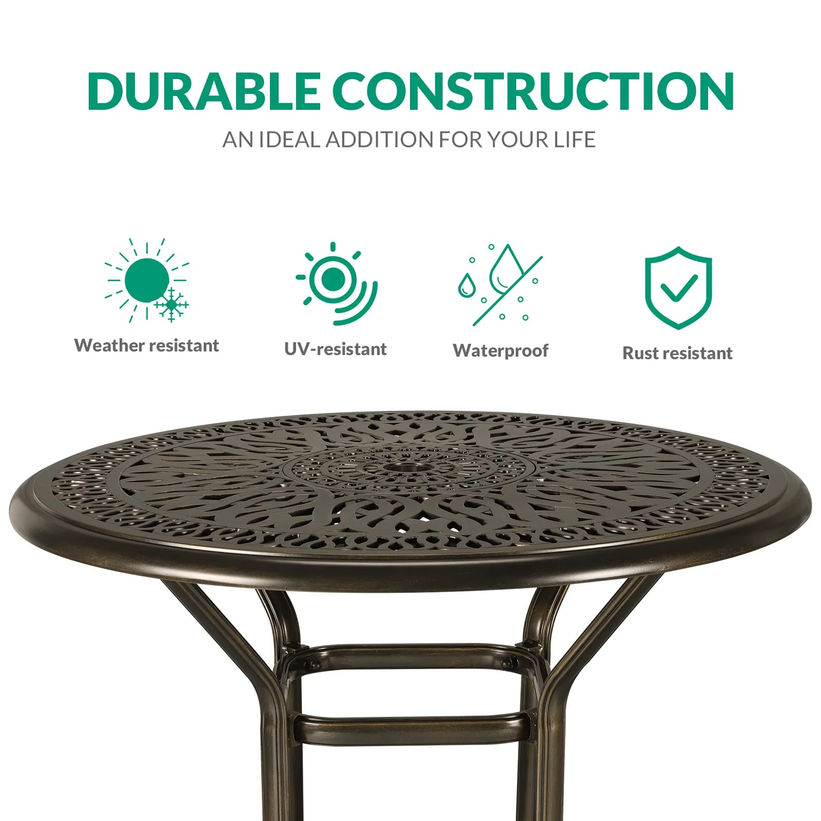 35.2" Patio Height Bar Table, All-Weather Cast Aluminum Bar Bistro Table Outdoor Patio Round Dining Table with Umbrella Hole for Balcony, Lawn, Garden, Backyard, Antique Bronze(35.2" Patio Height Bar Table) - Image 7
