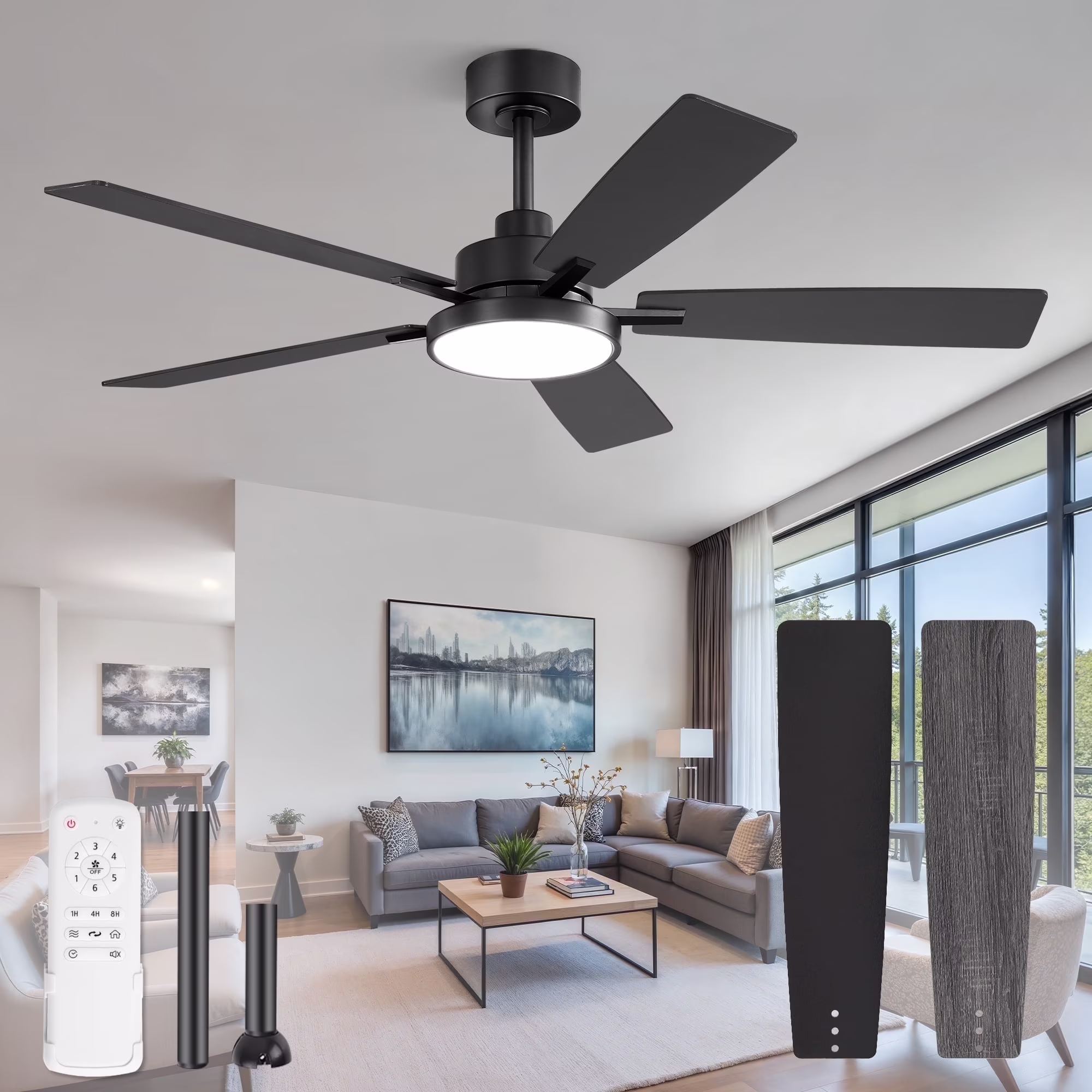 Zardon 52 in Black Ceiling Fan with LED Light and Remote, Downrod 6 - Speed and Quiet Reversible DC Motor for Bedroom, Living Room, Indoor