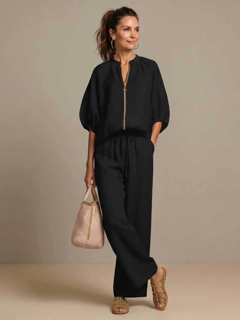 Ensemble blouse zippée et pantalon à jambes larges pour femme