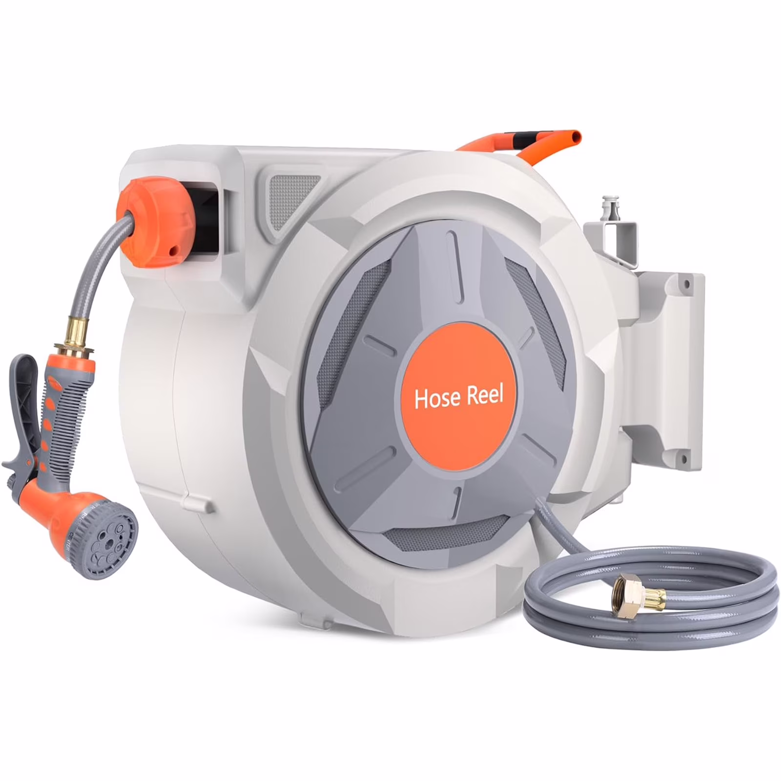 Telyswee Retractable Hose Reel 100 ft x 5/8 inch, 180�� Swivel Bracket Wall-Mounted, Garden Water Hose Reel with 9-Pattern Nozzle, Automatic Rewind, Lock at Any Length, and Slow Return System