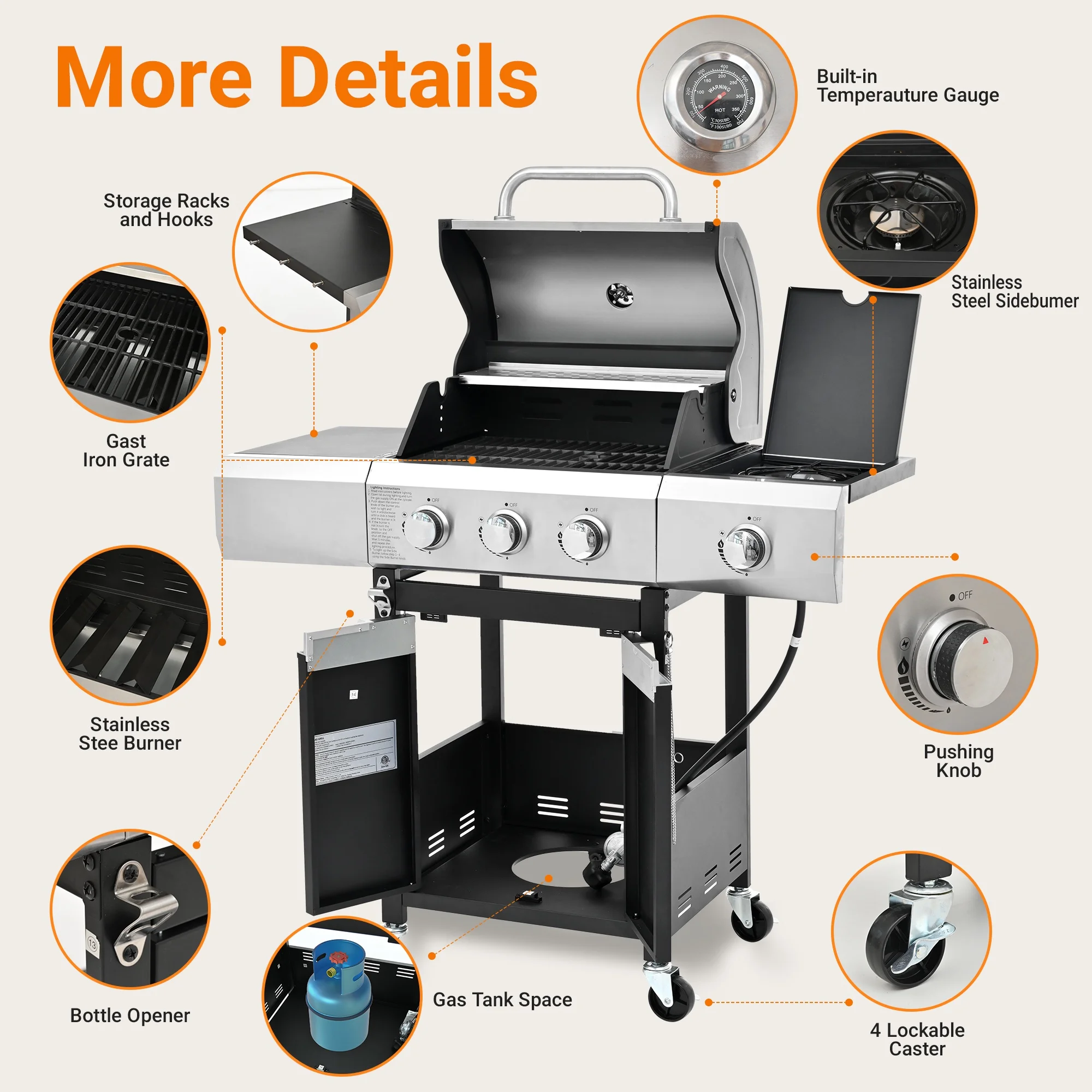 40,500 BTU Propane Gas Grill with Side Burner, Stainless Steel 3 Burner Barbecue Grill Portable on Wheels, with Bottle Opener, for Camping Patio Outdoor Cooking(40500) - Image 6