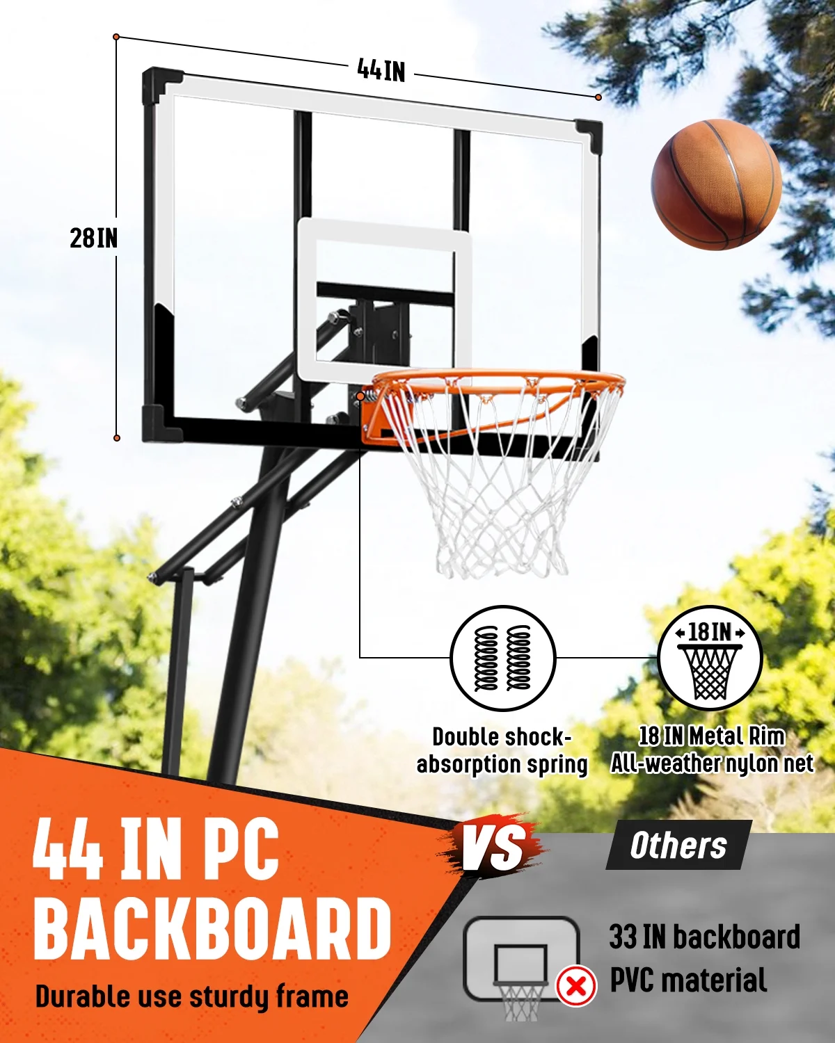 Basketball Hoop with 4 8 10 feet Height Adjustable for Kids/Adults, Portable Basketball Goal with 44 inch Backboard and 2 Wheels for Outdoor/Indoor Sports(Black) Image 6