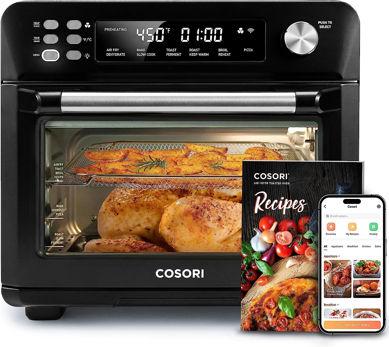 Four grille-pain COSORI avec friteuse à air chaud intégrée, 12 en 1, four à convection de 26 pintes (24 L) à poser, avec fonctions griller, cuire et rôtir, intelligent, grille-pain 6 tranches, pizza 12 pouces (30 cm), 75 recettes et accessoires, noir