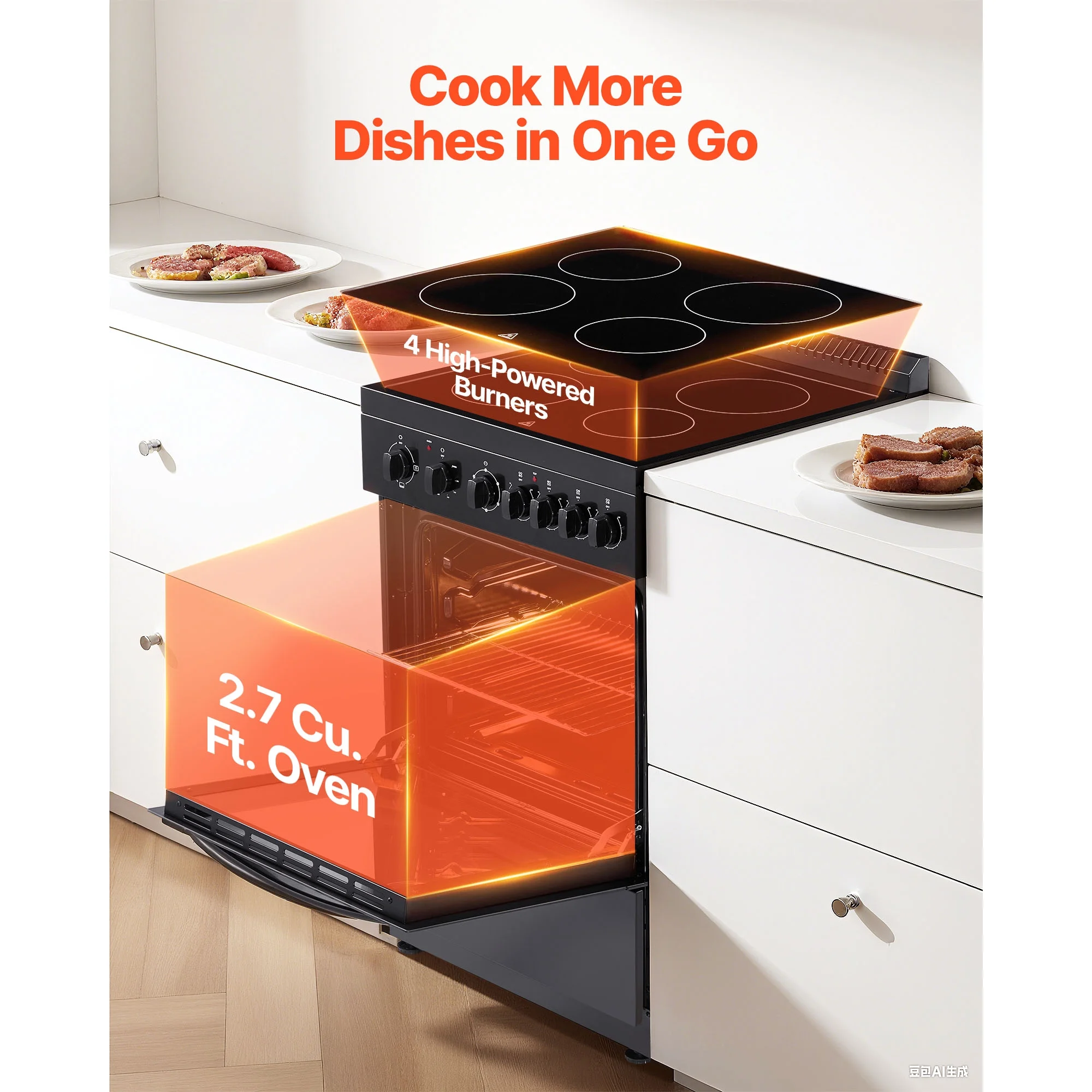 KFFKFF 24 - Inch Electric Range Oven, 2.7 Cu. Ft. Compact Freestanding Design, Stainless Steel Finish, Features 4 Burners, Adjustable Racks, Storage Drawer, Drip Pan, and Indicator Light, Black