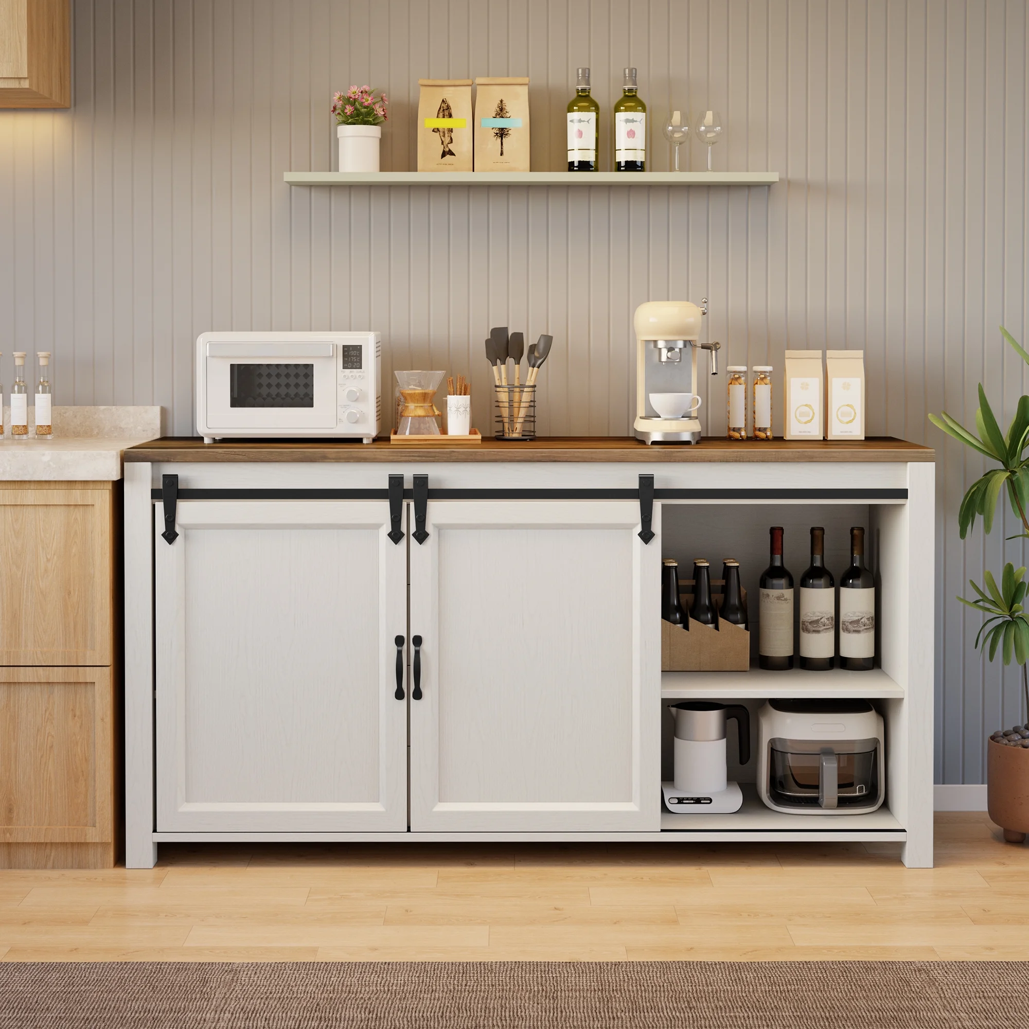 Coffee Bar Cabinet, 60" Buffet Cabinet with Storage, 2 Sliding Barn Doors 4 Drawers for Kitchen, White + Rustic Brown(Single) - Image 5